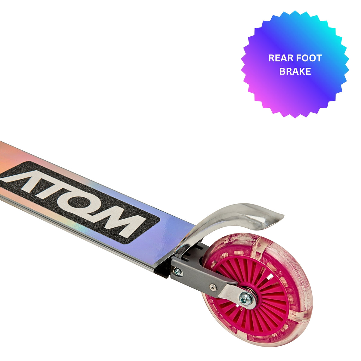 ATOM Light-Up Inline Scooter in Holographic Finish – 2-Wheel Folding Kids Scooter with LED Flashing Wheels for Ages 5+.