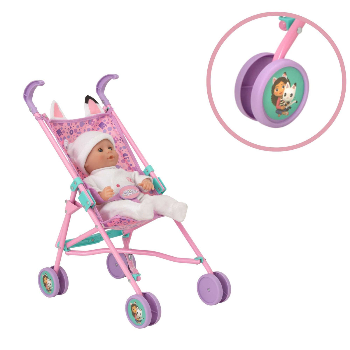 Colourful toy stroller featuring popular characters from Gabby&#39;s Dollhouse, designed for children to enjoy pretend play. Ideal for carrying dolls and other small toys, with vibrant designs and sturdy wheels for easy manoeuvrability.