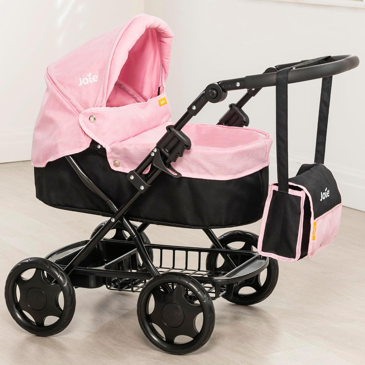Joie Junior Classic Pram &amp; Parasol: Complete with matching bag, adjustable hood, under-seat storage. Toy pushchair for kids 3+.