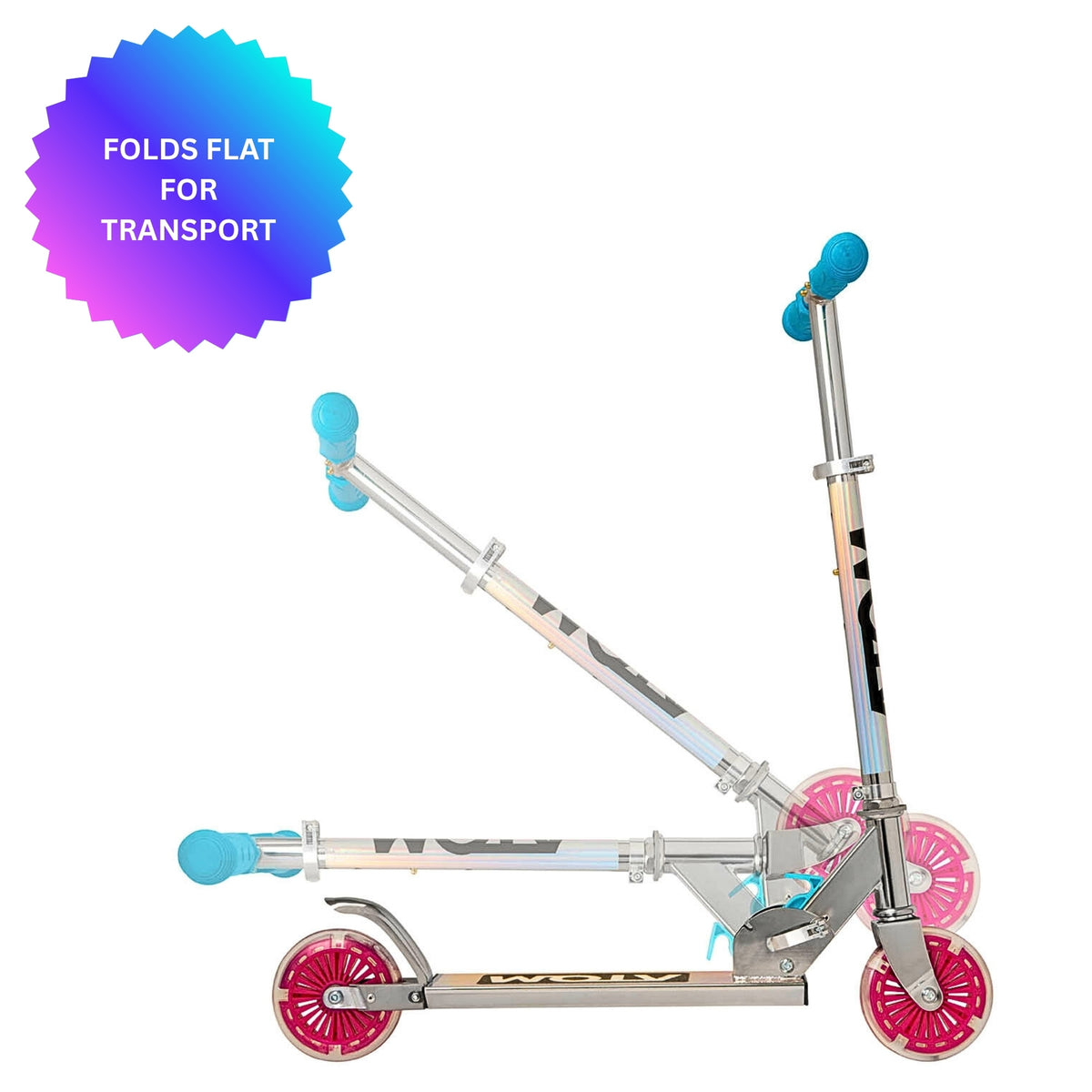 ATOM Light-Up Inline Scooter in Holographic Finish – 2-Wheel Folding Kids Scooter with LED Flashing Wheels for Ages 5+.