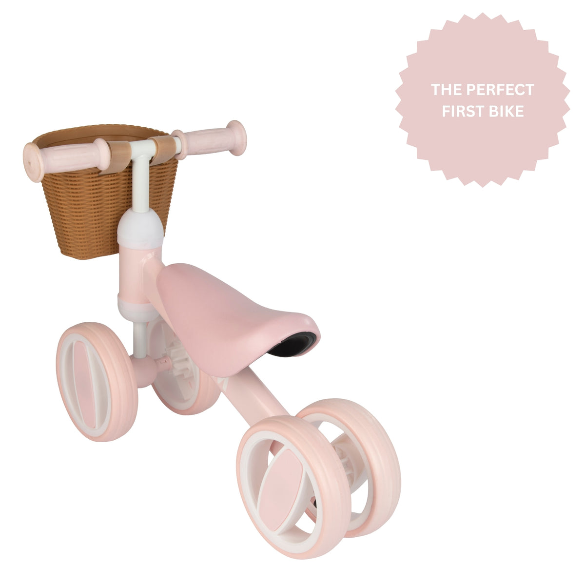 pink toddlers bobble bike with a wicker basket.