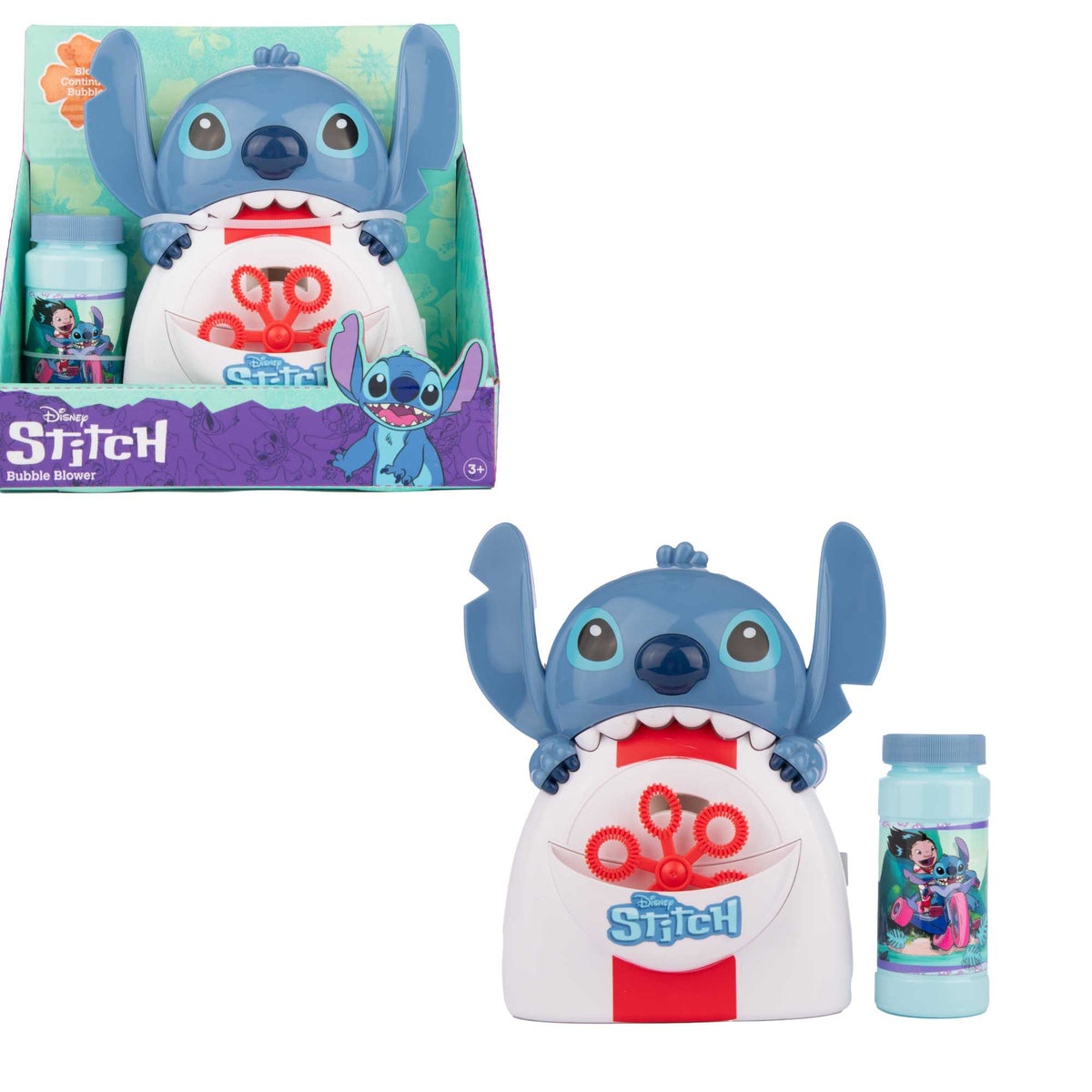 Stitch Bubble Machine featuring Disney&#39;s Stitch design, blowing hundreds of bubbles for kids&#39; outdoor fun, perfect for playdates, parties, and active play