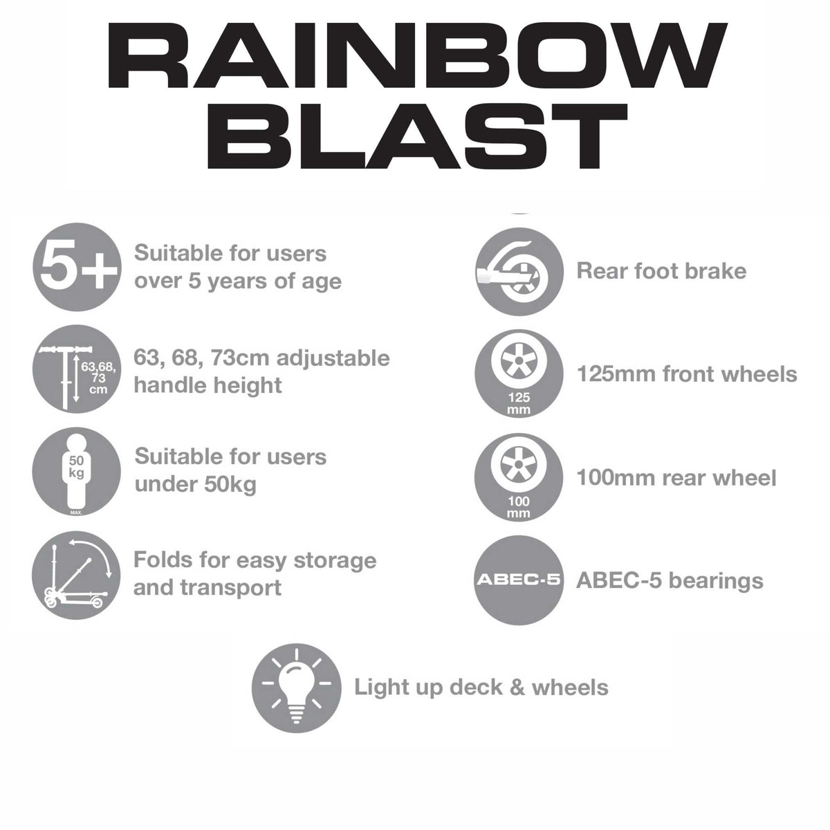 EVO Rainbow Blast Light-Up 3 Wheeled Scooter: Adjustable handle, foldable, black and blue. Kick scooter for kids 5+