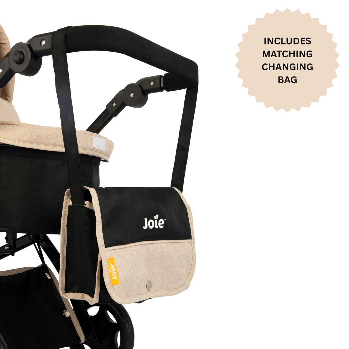 Beige and black baby stroller with Joie branding with an adjustable handle height and multiple play positions.