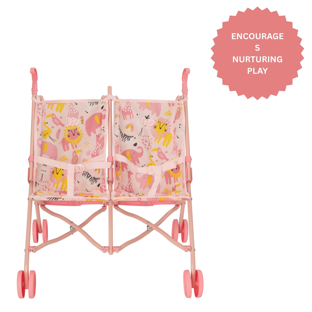 Pink toy stroller with pink animal pattern for children aged 2 and over