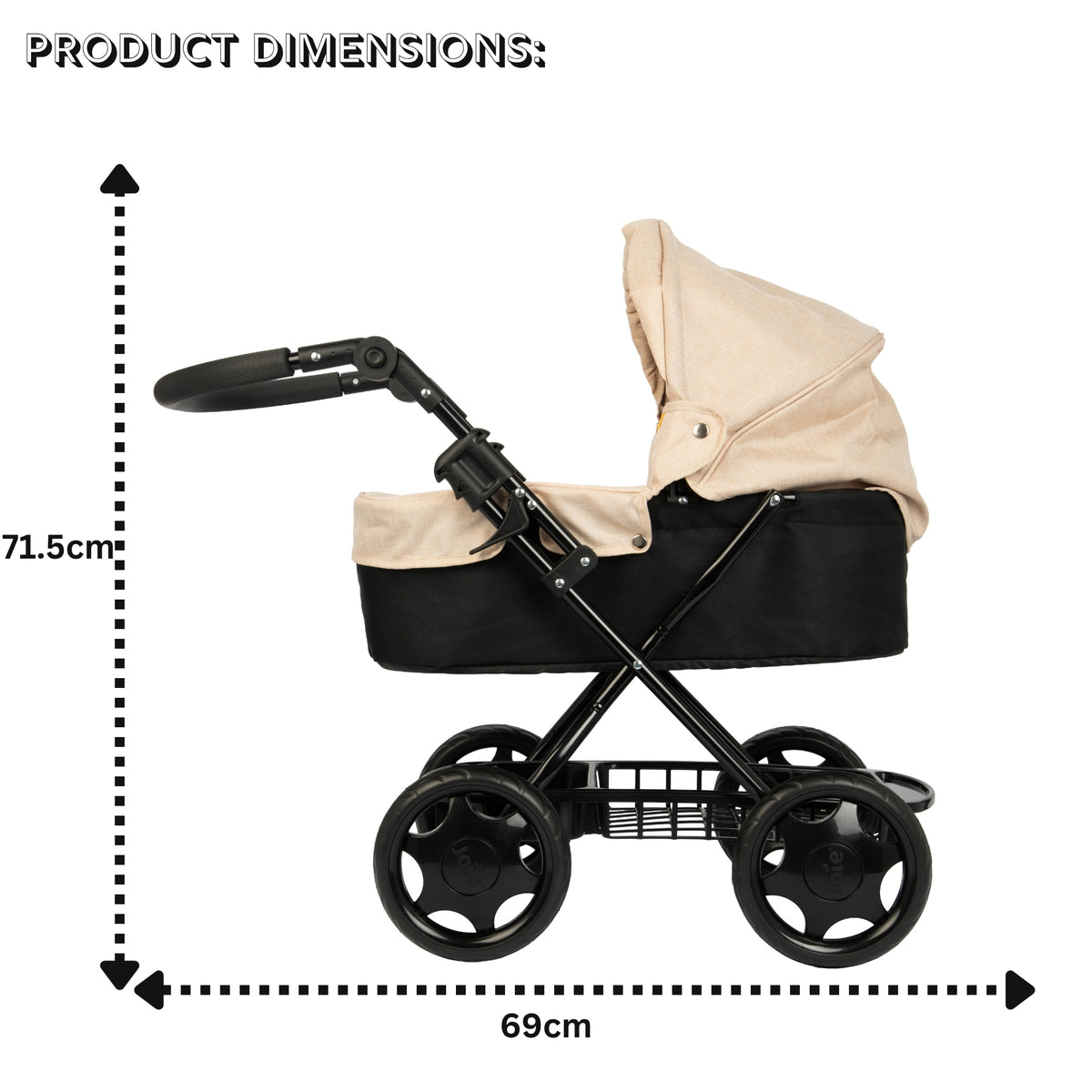 Joie Cherish Dolls Pram in Stone &amp; Black, with an adjustable handle height, removable apron and adjustable canopy