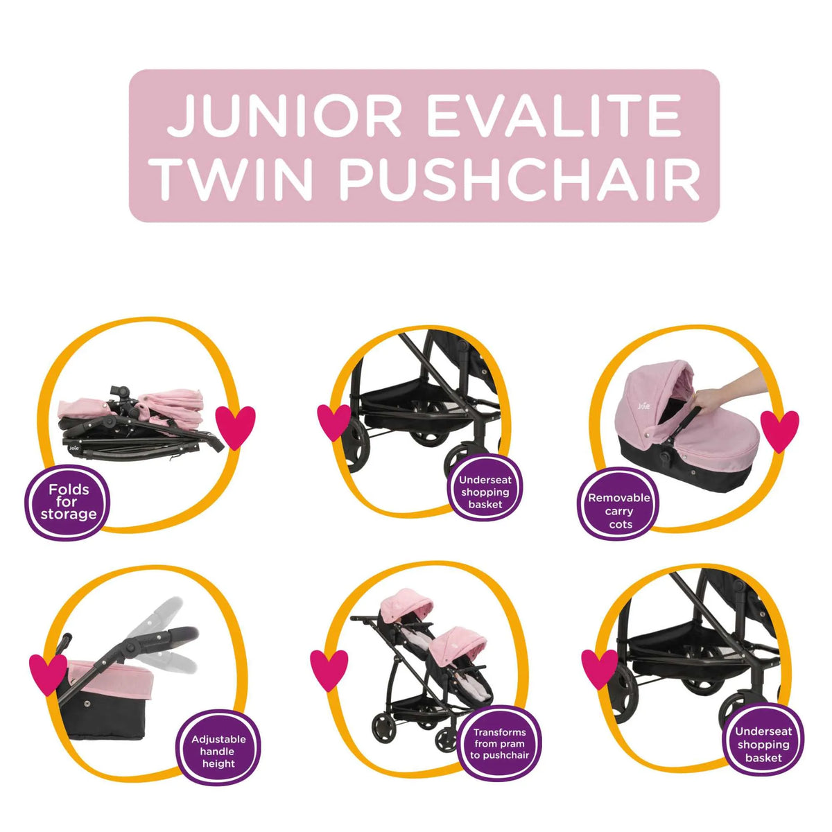 Joie Evalite Twin Dolls Pram - 9 Play Modes Prams