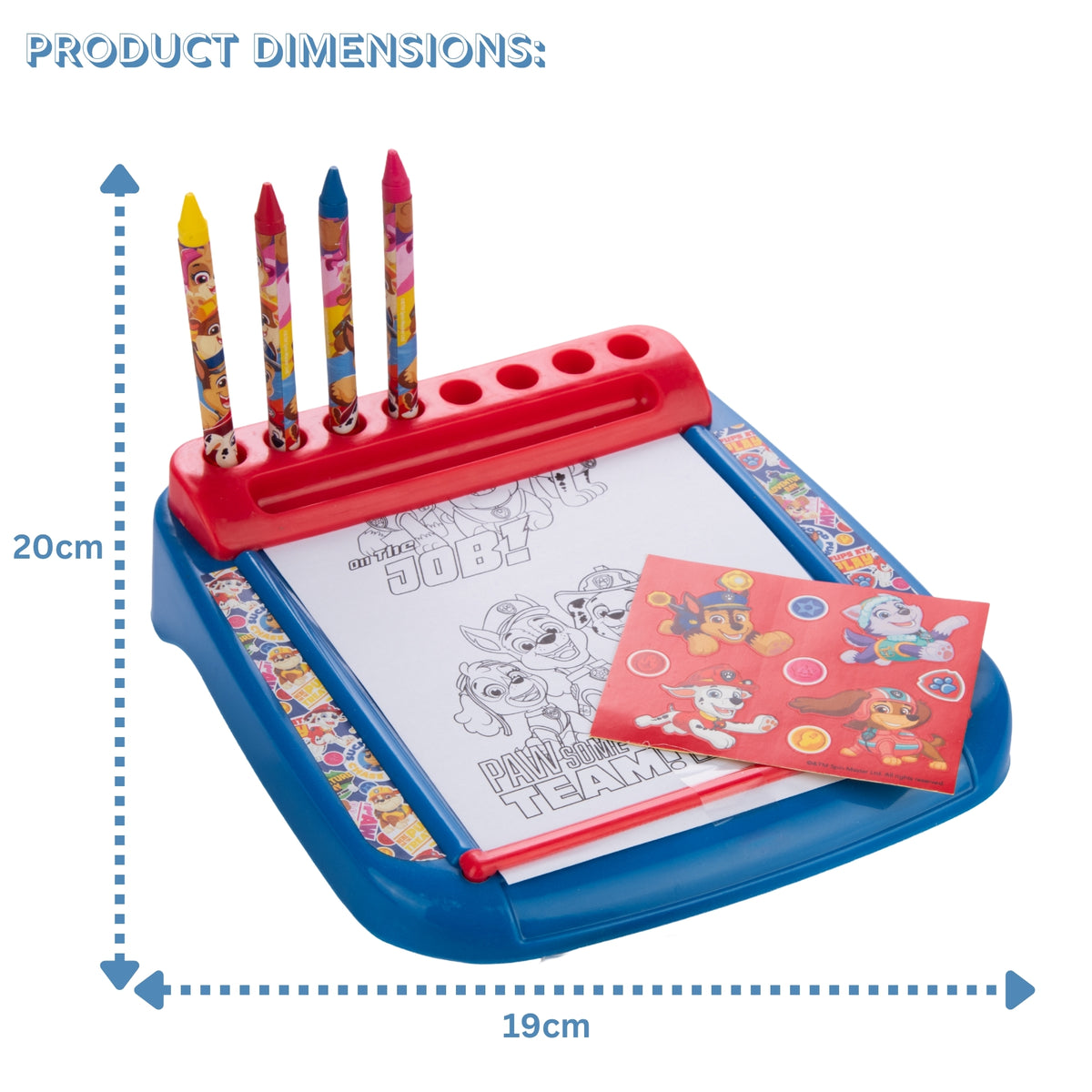 Colouring set with red holder, pencils, and colouring book on a white background