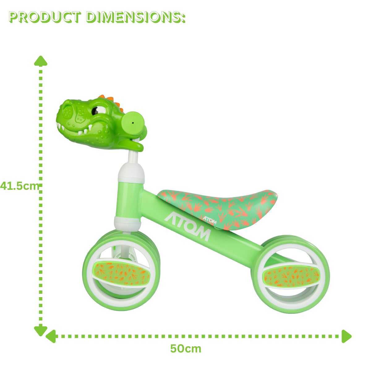 ATOM Childrens Bobble Bike - Green Dinosaur Balance Bike