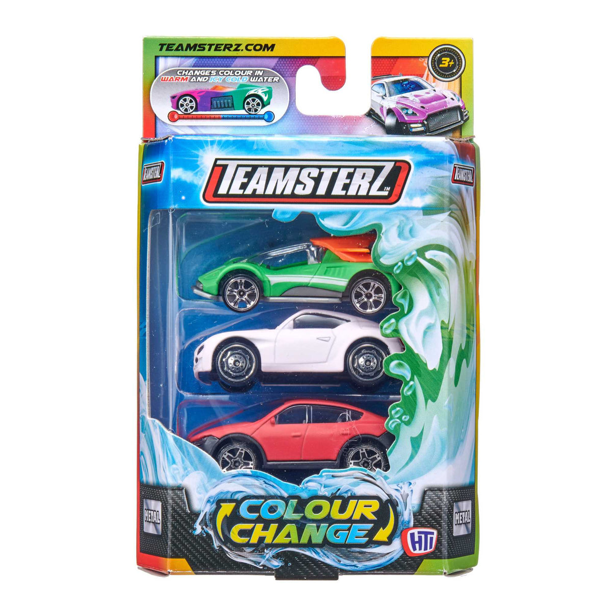 Teamsterz 3 Pack of Colour Changing Cars, featuring cars that change color with water, perfect for kids&#39; imaginative play and educational fun.