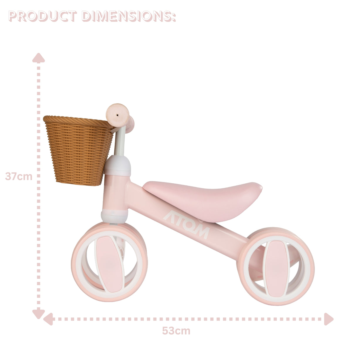 pink toddlers bobble bike with a wicker basket.