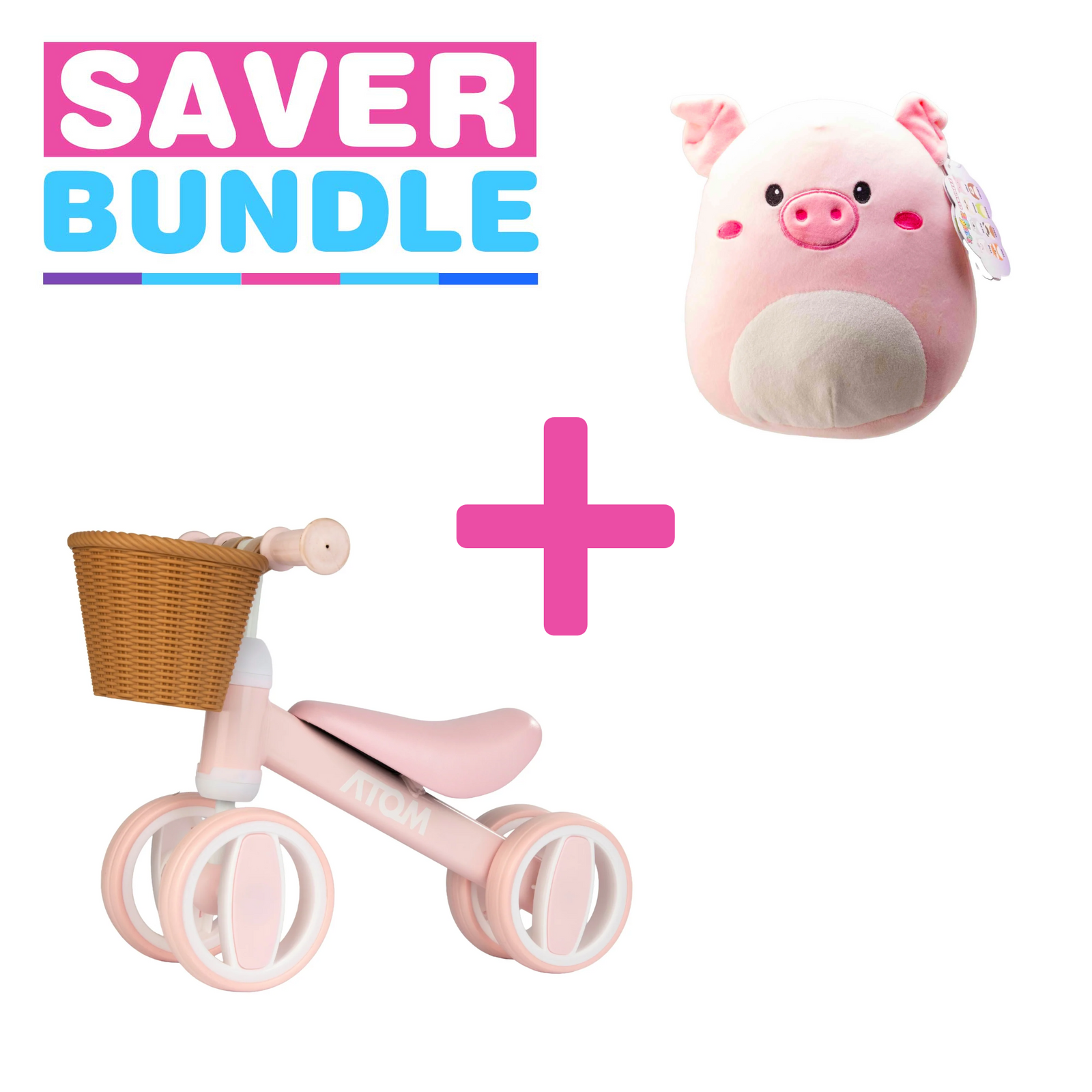 Atom Bobble Bike With Basket | Pink + Squish Meez Cloudeez 9' Plush Toy | Oink Bundle