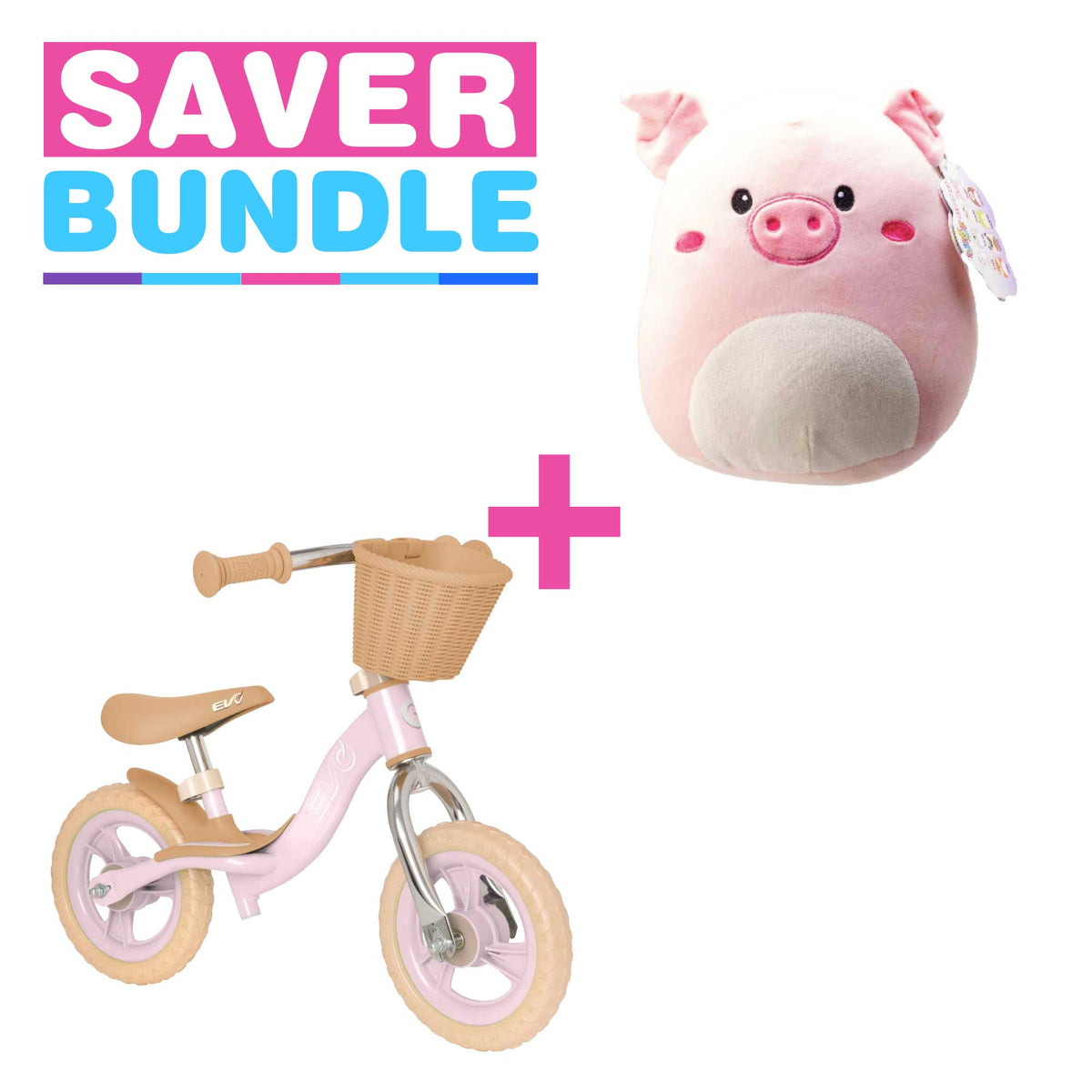 EVO 10&quot; Glider Balance Bike With Basket - Pink + Squish Meez Cloudeez 9&#39; Plush Toy | Oink