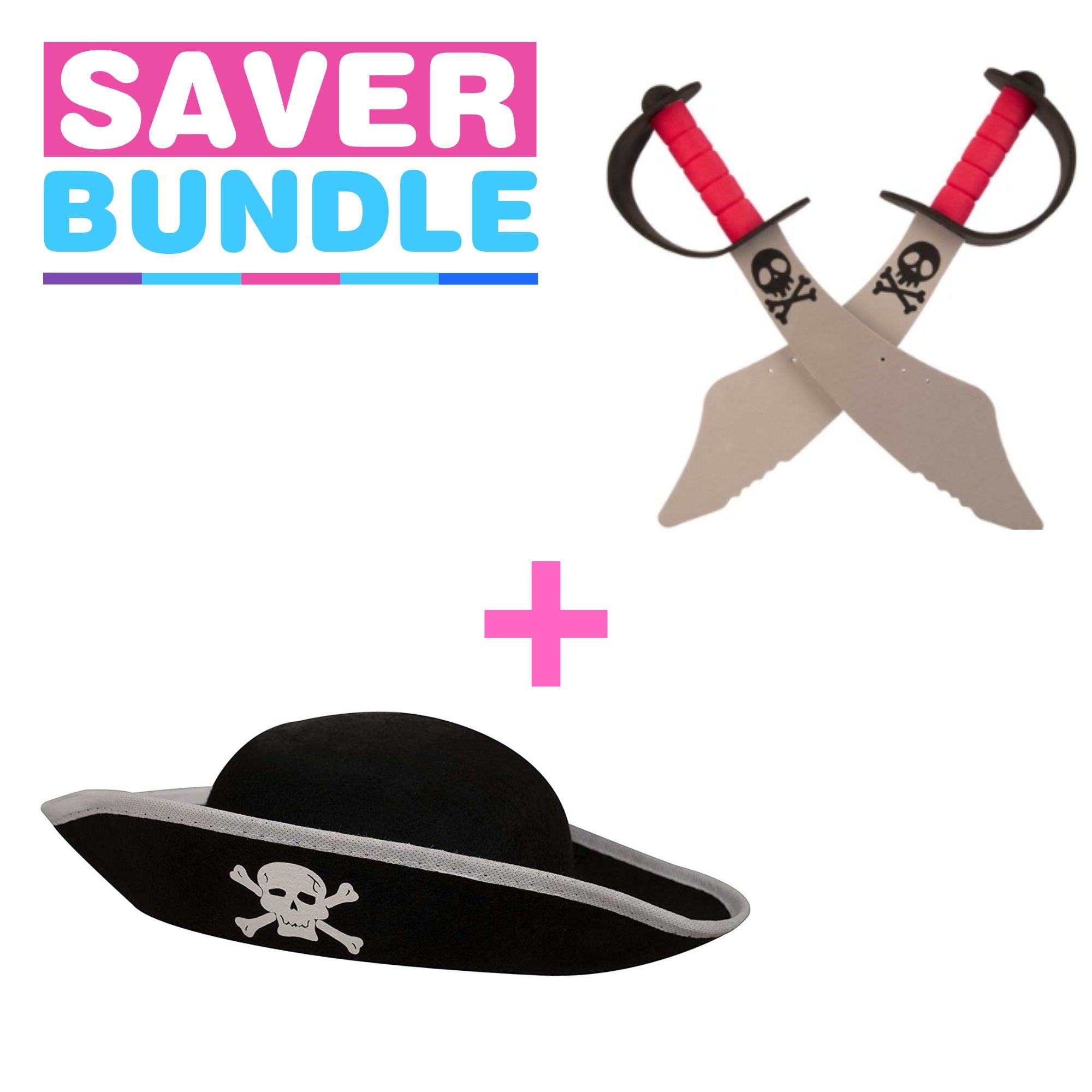 Fancy Dress Pirate Hat + Pirates Foam Cutlass - 2 Pack Pirate Swords - Bundle Fancy Dress