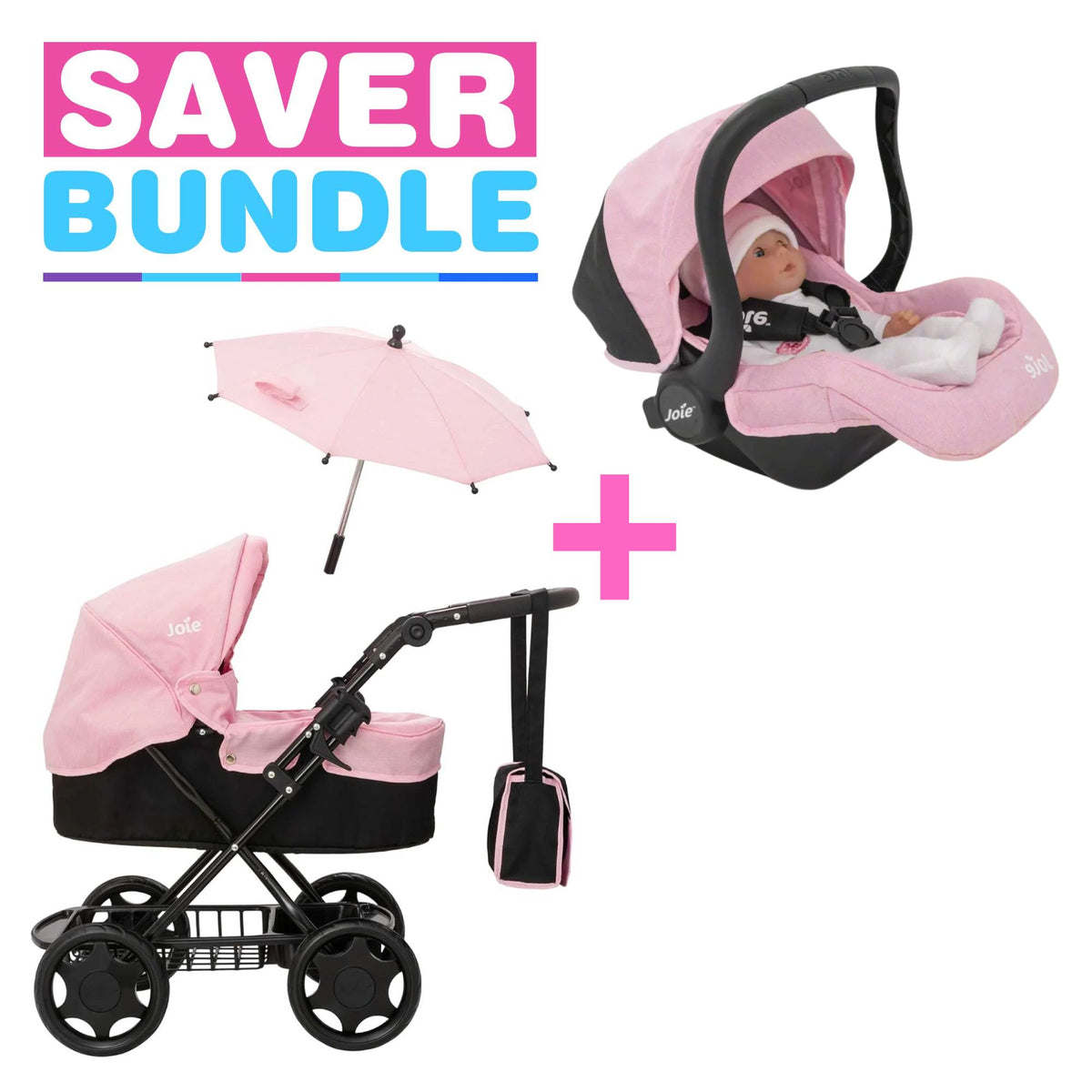 Joie Junior Classic Pram - Joie I-Gemm Dolls Car Seat - Pink &amp; Black Bundle