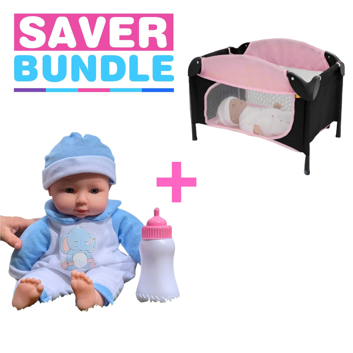 Joie Sleep &amp; Dream Dolls Travel Cot + BabyBoo Bed Time Baby Doll with Bottle - Blue Bundle