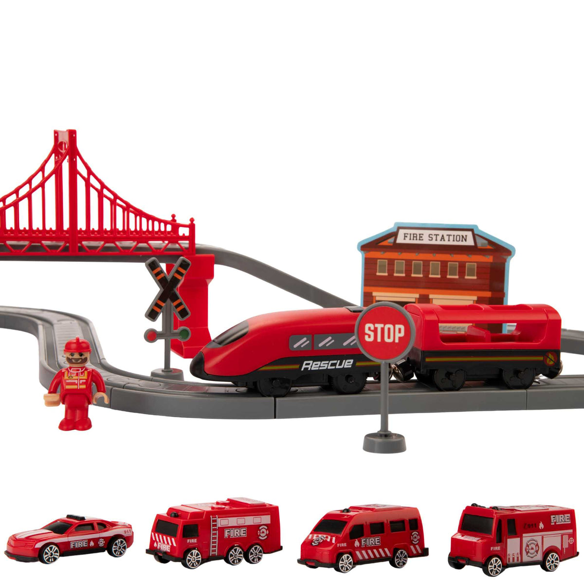 Fire Rescue Train Set – Kids Emergency Vehicle Playset with Fire Truck, Tracks &amp; Accessories for Imaginative Play