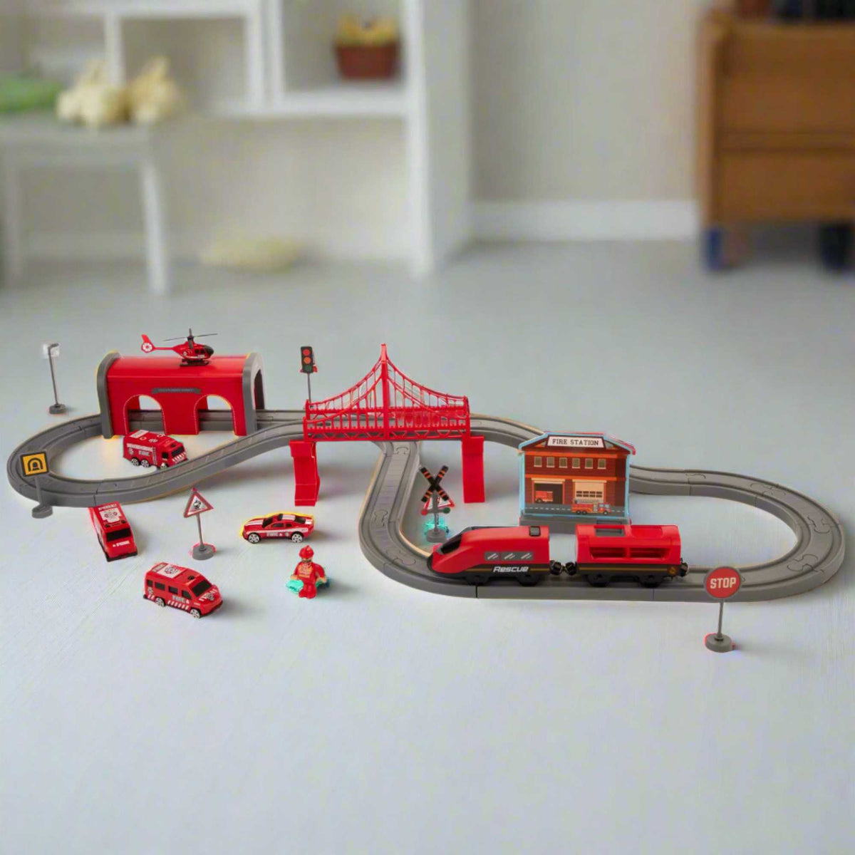 Fire Rescue Train Set – Kids Emergency Vehicle Playset with Fire Truck, Tracks &amp; Accessories for Imaginative Play