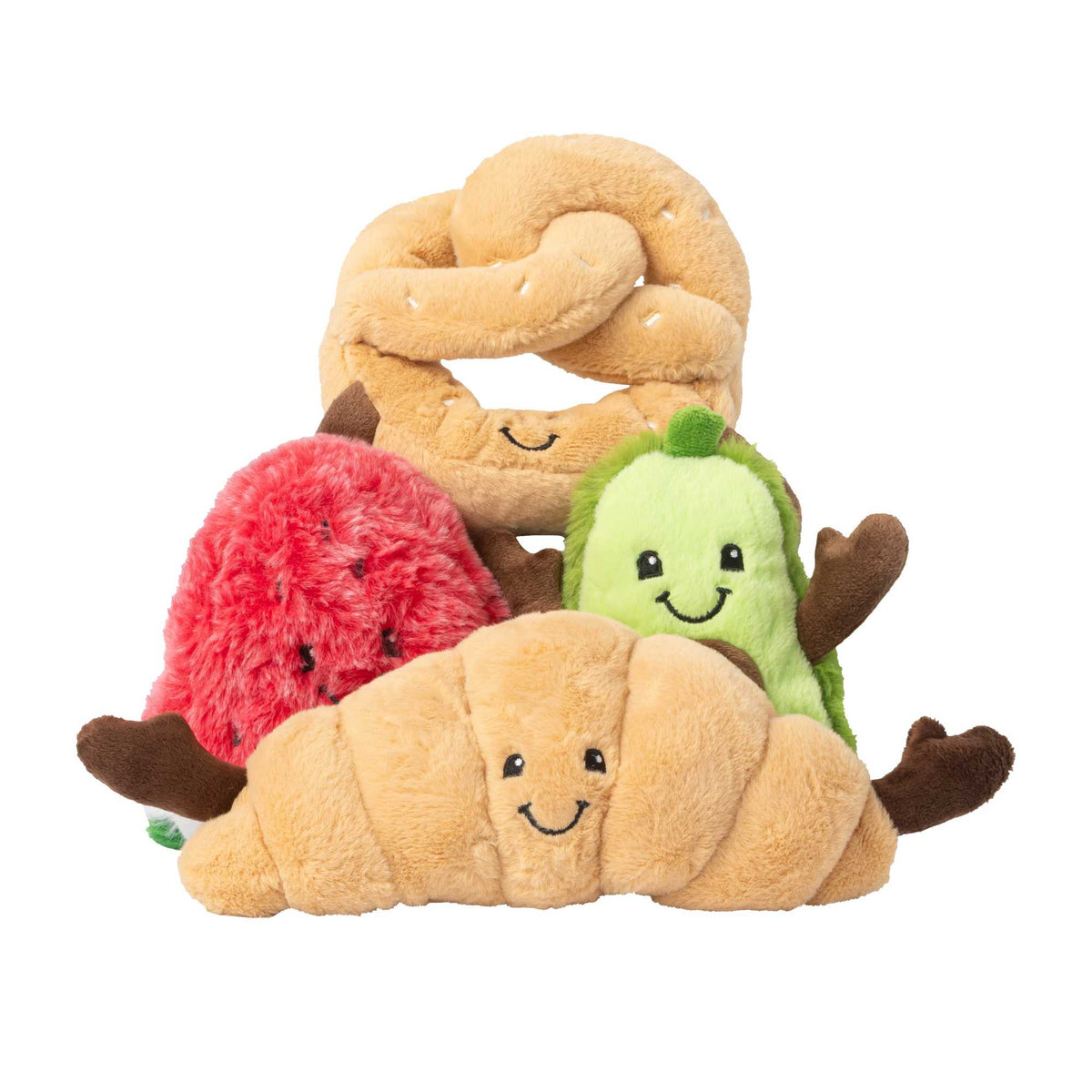 Squish-Yums plush toy collection featuring Claude Croissant Archie Avocado Winnie Watermelon and Pierre Pretzel soft slightly weighted stuffed toys for toddlers 18 months plus cuddly food-themed plushies for nursery and playroom