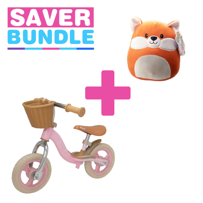 EVO 10" Glider Balance Bike With Basket - Pink + Squish Meez Cloudeez 9' Plush Toy | Foxy