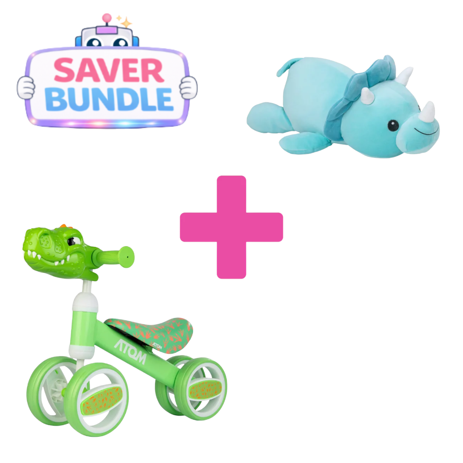 ATOM Dino Bobble Bike + Dino Cuddle Cushion Bundle