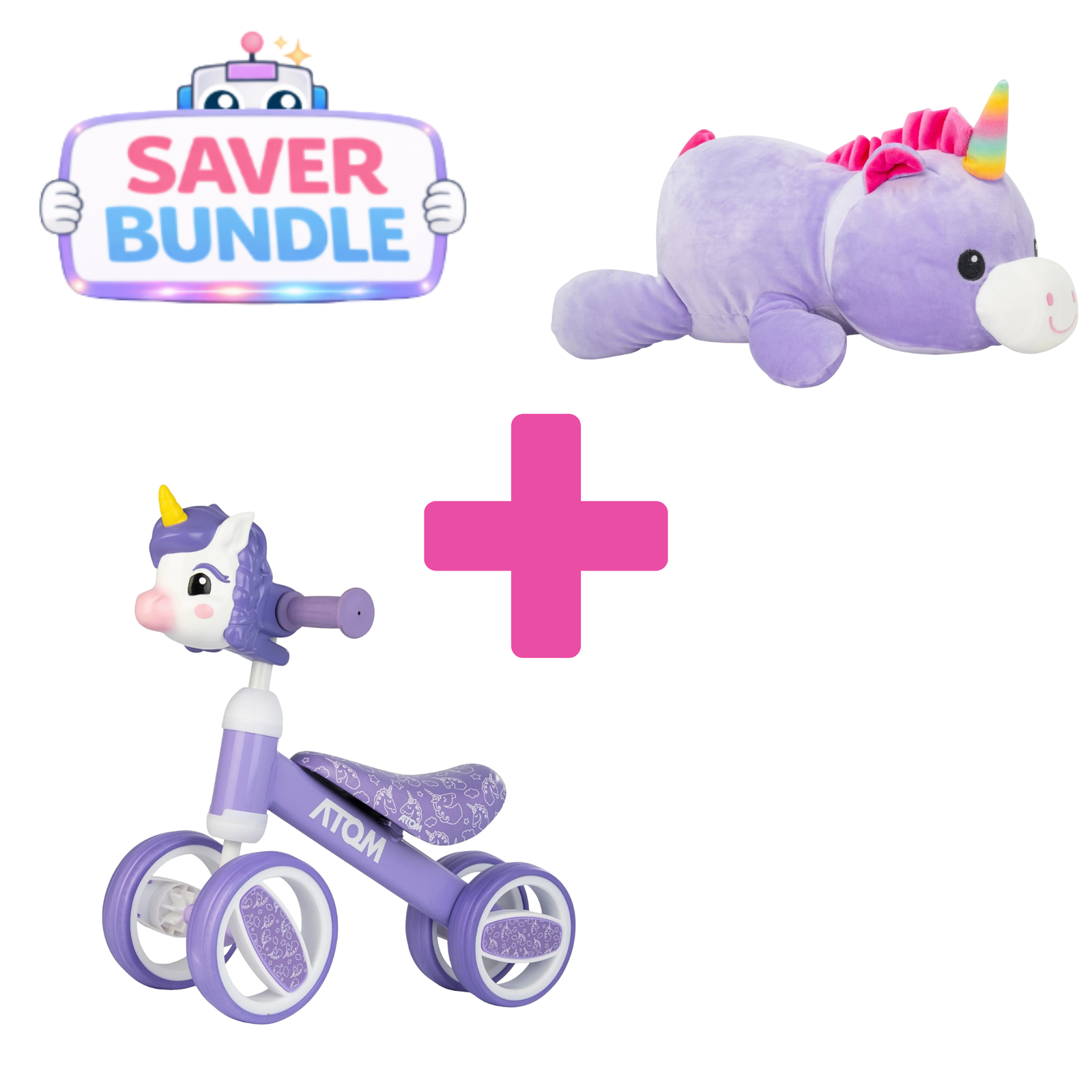 ATOM Unicorn Bobble Bike + Unicorn Cuddle Cushion Bundle