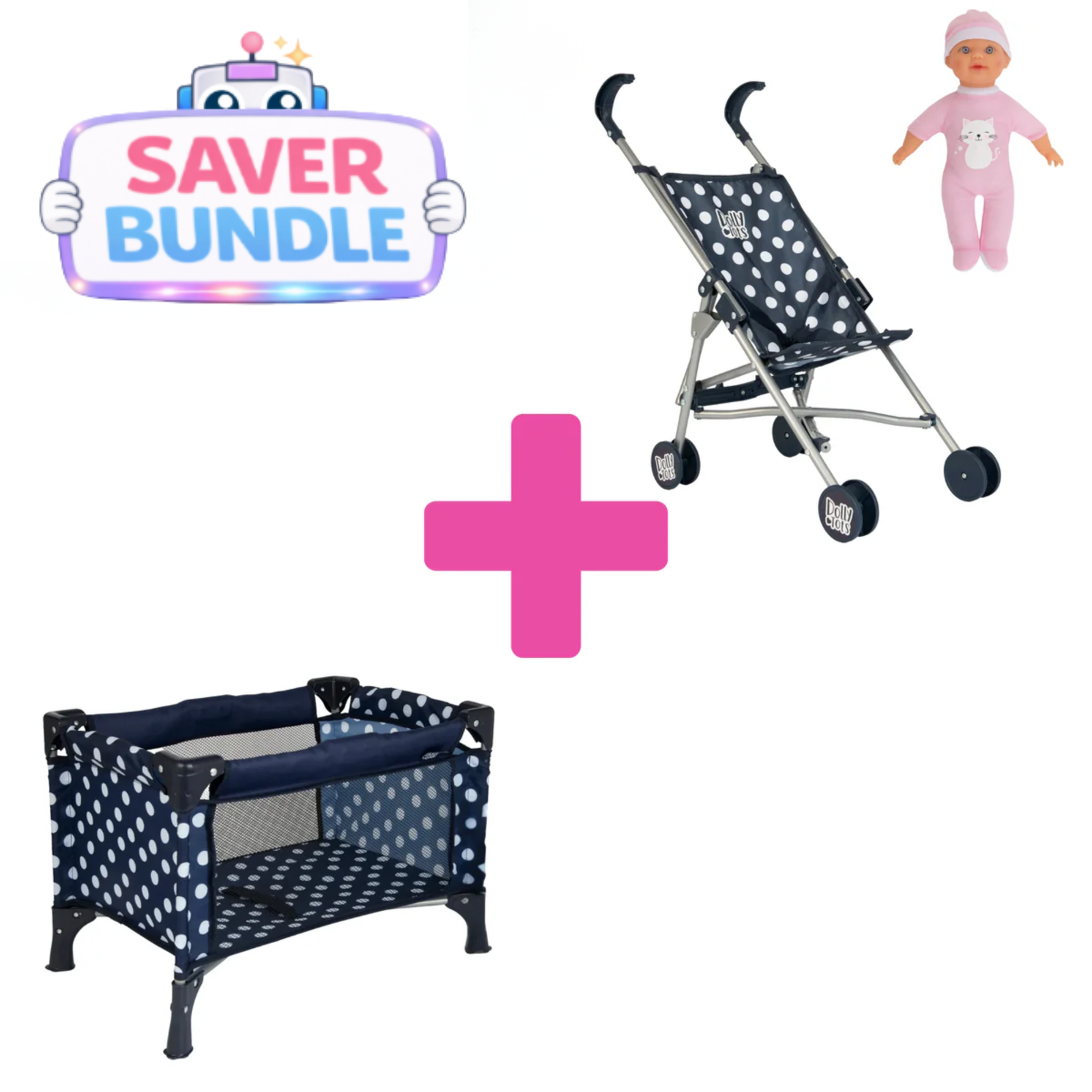 Dolly Tots Navy Travel Cot, Stroller & Doll Bundle