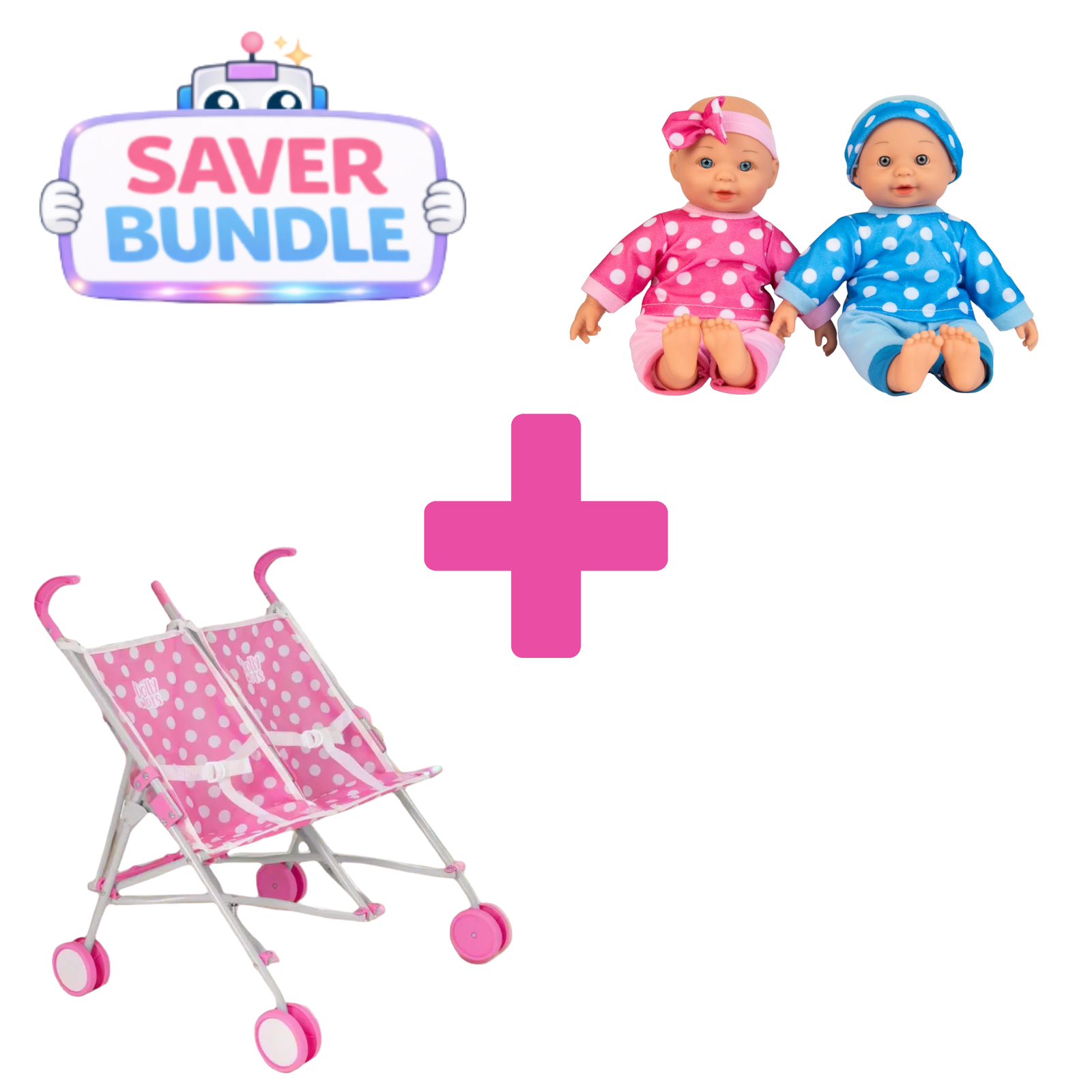 Dolly Tots Twin Dolls Stroller (Pink) + Twin Dolls Playset Bundle