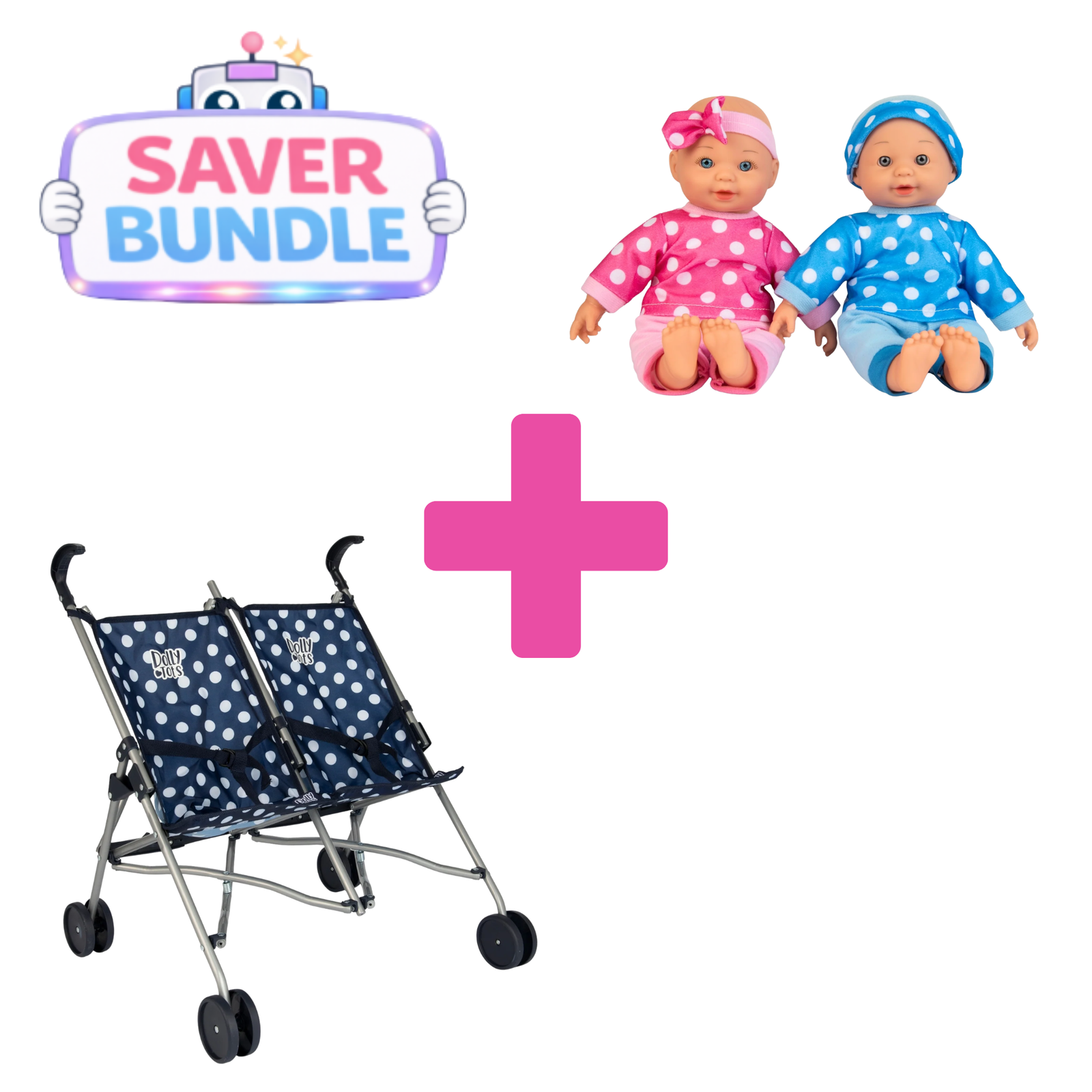 Dolly Tots Twin Dolls Stroller (Navy) + Twin Dolls Playset Bundle