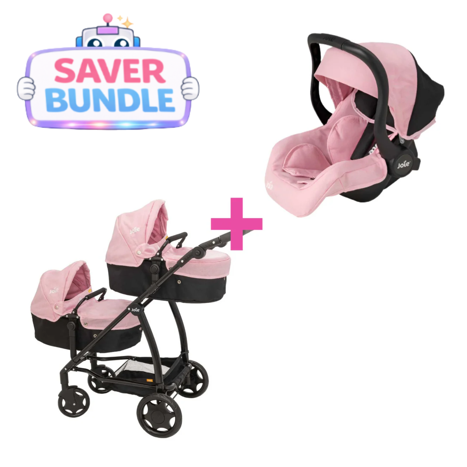 Joie Evalite Dolls Pram - 9 Play Modes + Joie I-Gemm Dolls Car Seat - Pink & Black