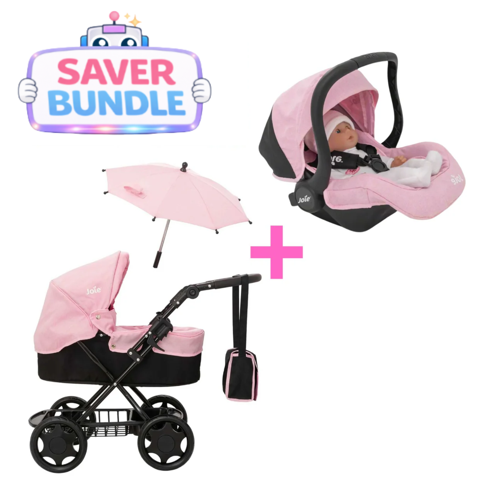 Joie Junior Classic Pram - Joie I-Gemm Dolls Car Seat - Pink & Black Bundle