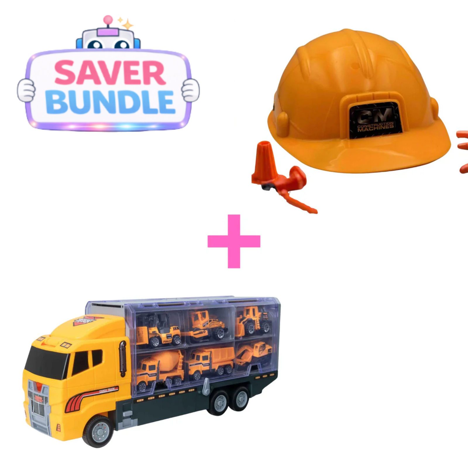 Childrens Yellow Hard Construction Helmet + Teamsterz Construction Transporter Toy Truck Playset Bundle