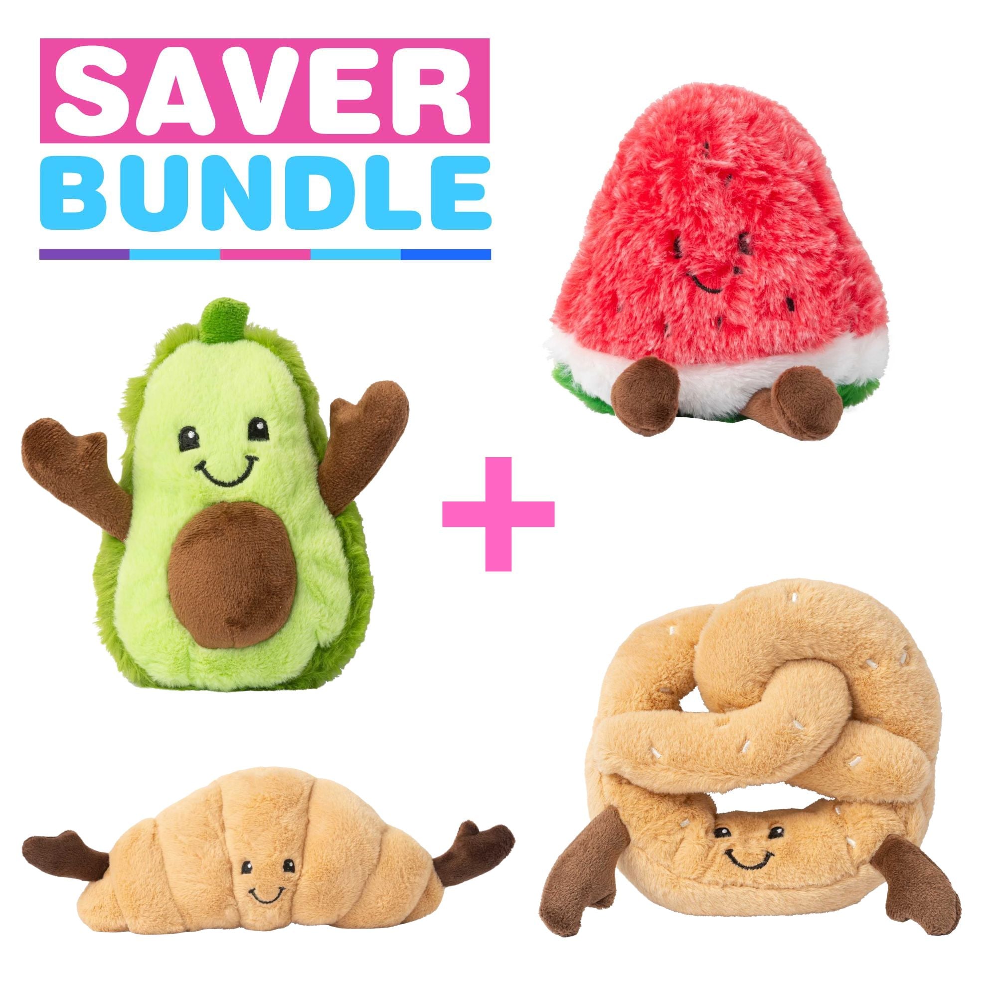 Archie Avocado + Winnie Watermelon + Claude Croissant + Pierre Pretzel Plush Toy Bundle Soft Toys