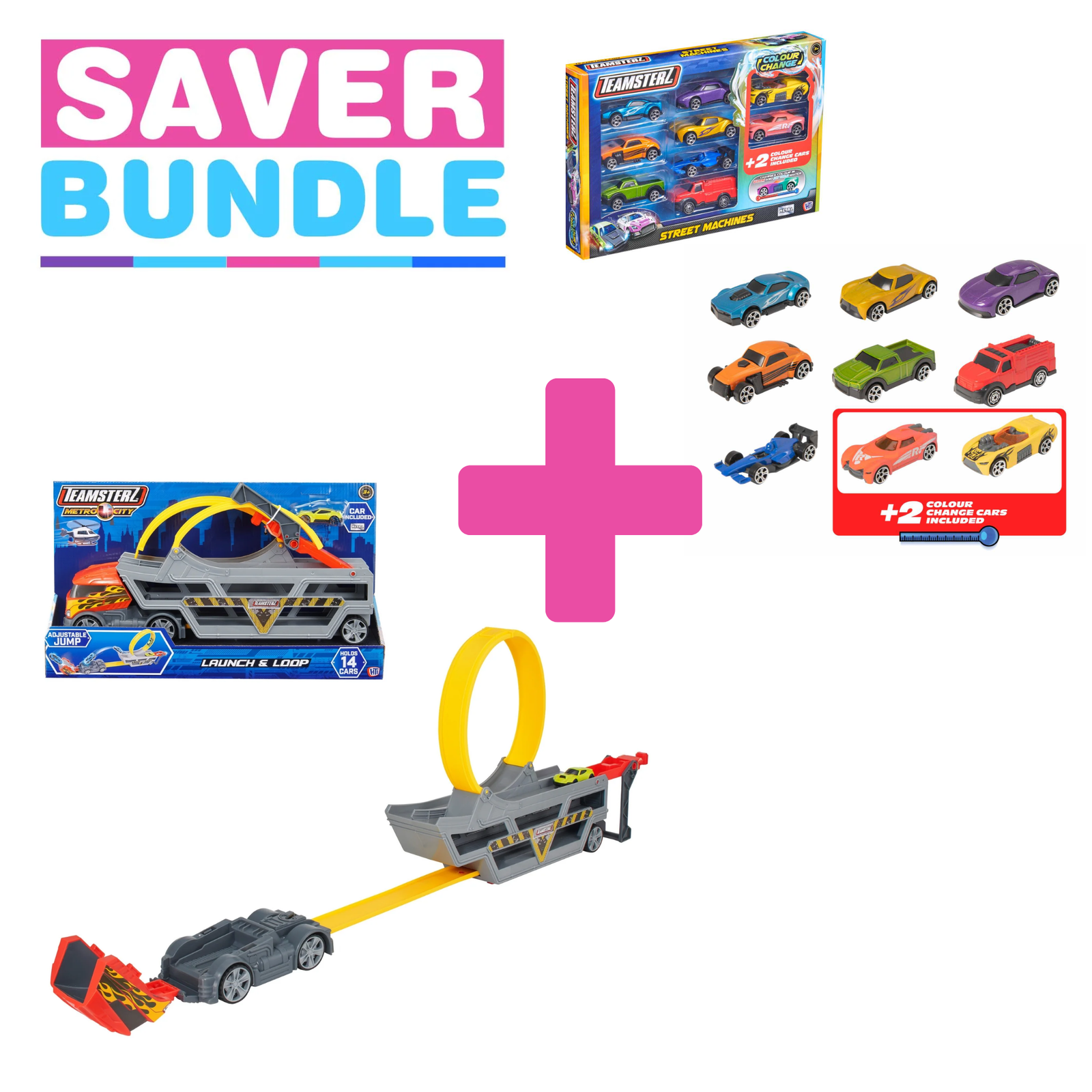 Teamsterz Launch & Loop Transporter + 9 Racing Cars Bundle