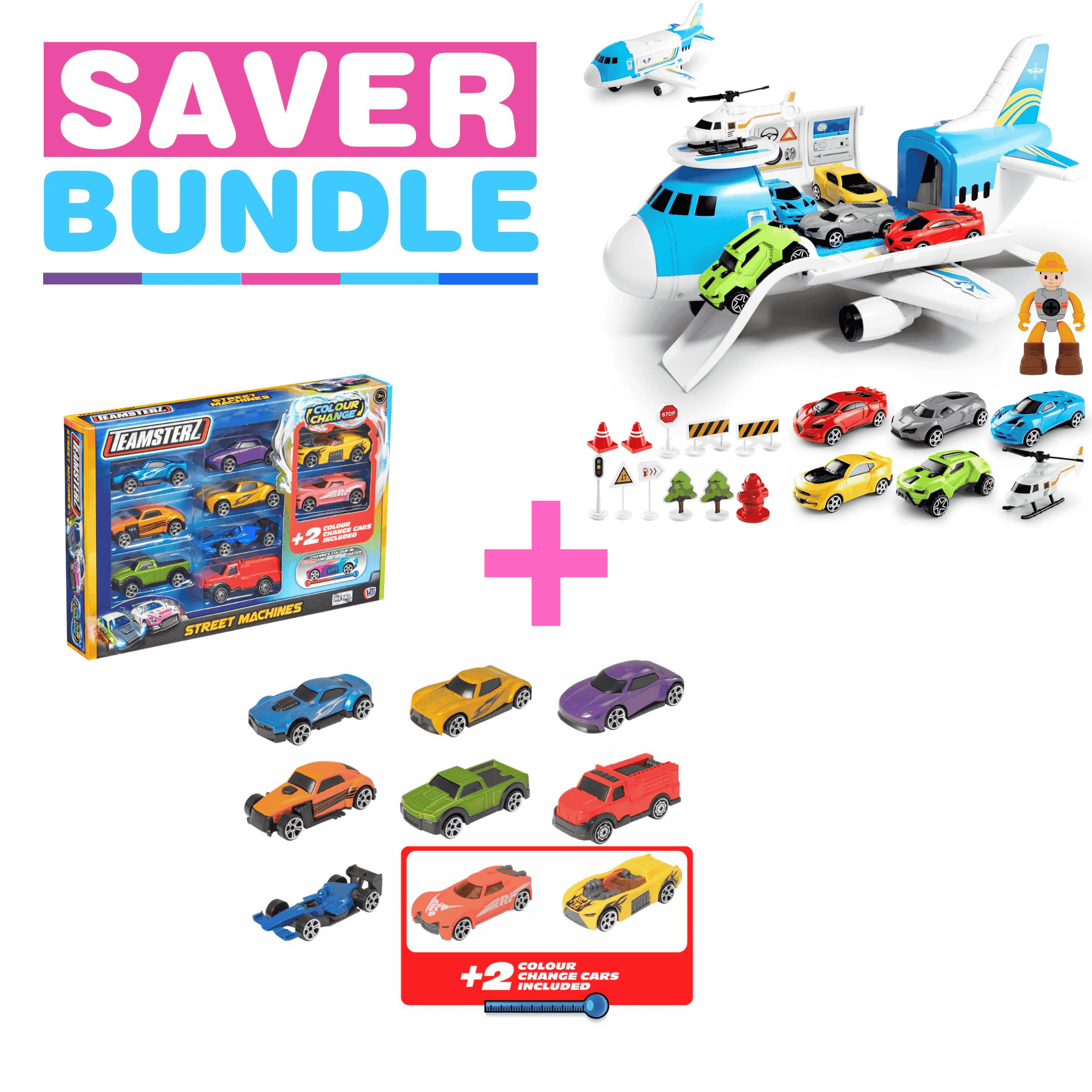 Teamsterz Aeroplane Transporter - Includes 16 Accessories + Teamsterz Racing Cars  - With 2 Colour Changing Cars - Bundle Helicopters & Planes