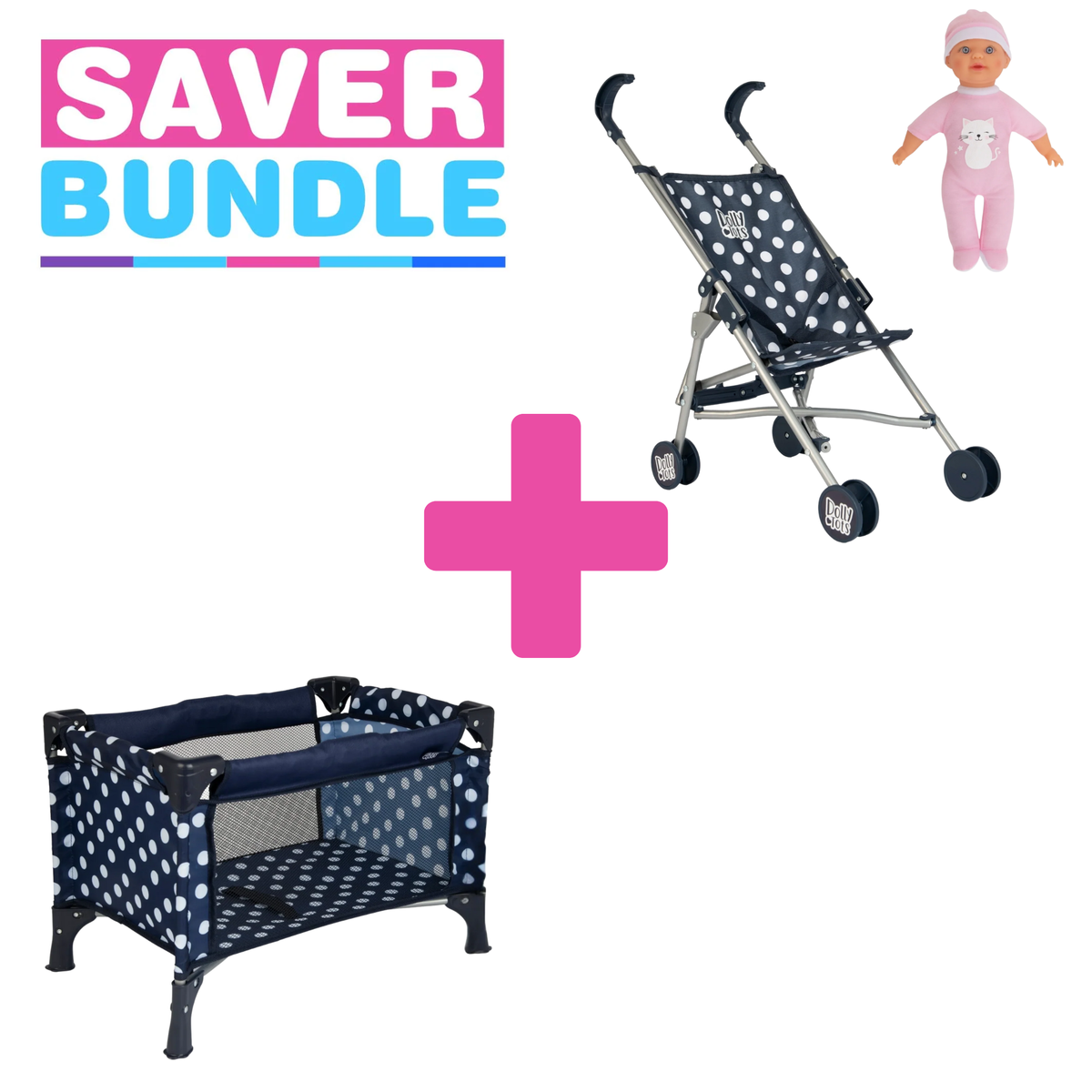 Dolly Tots  Navy Travel Cot, Stroller &amp; Doll Bundle