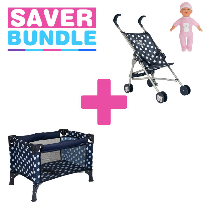 Dolly Tots  Navy Travel Cot, Stroller & Doll Bundle
