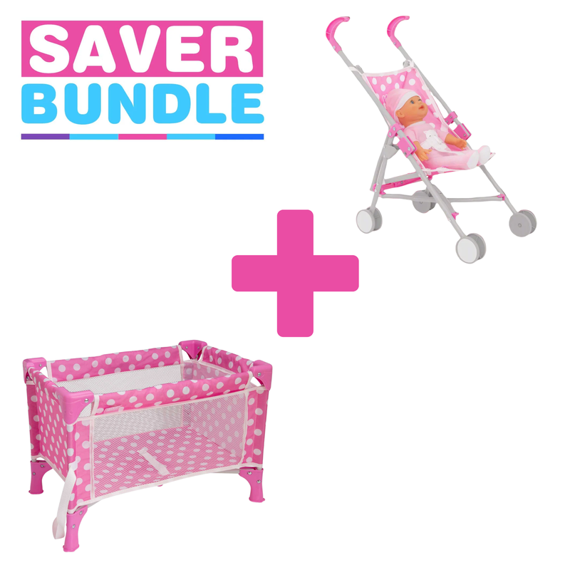 Dolly Tots Pink Travel Cot, Stroller & Doll Bundle