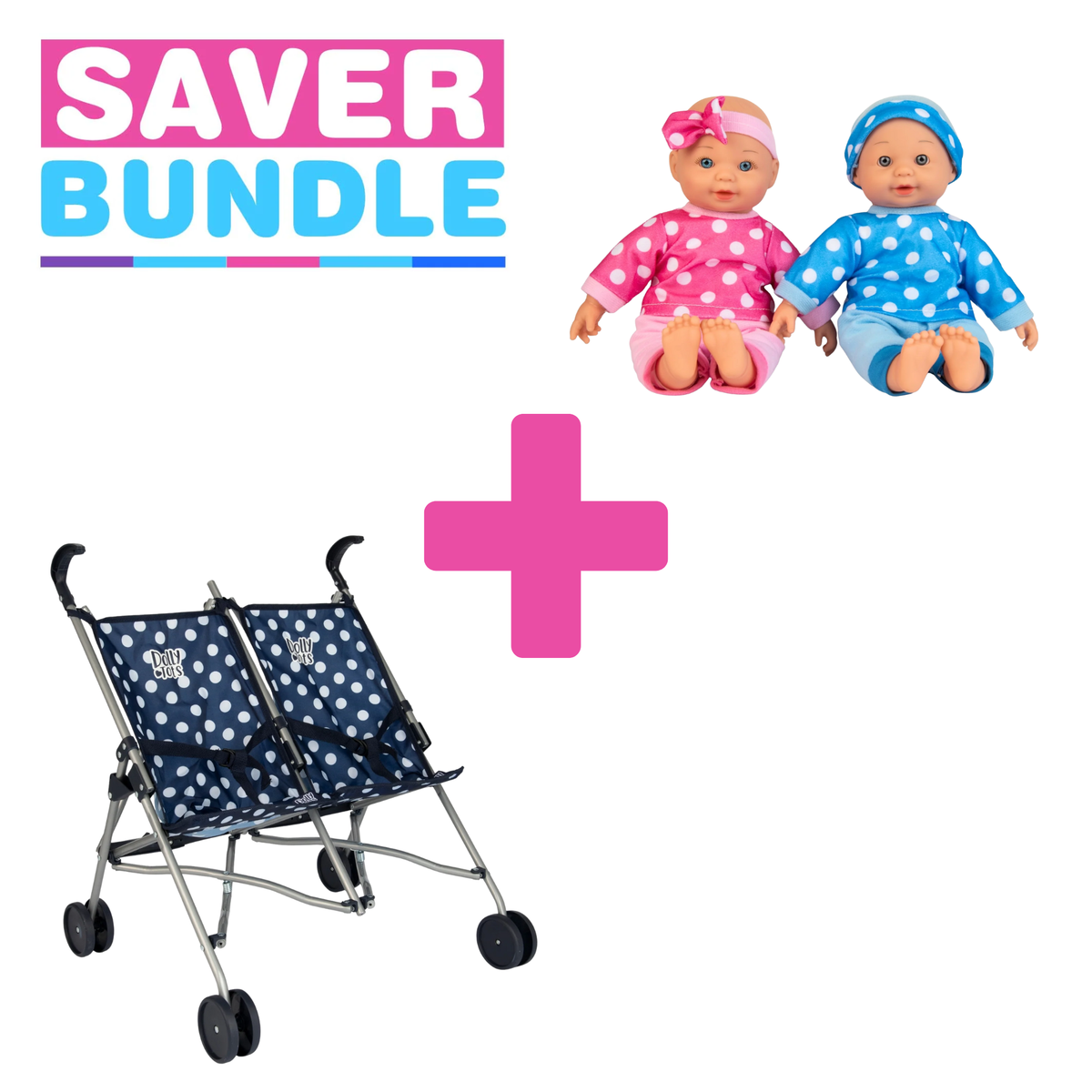 Dolly Tots Twin Dolls Stroller (Navy) + Twin Dolls Playset Bundle