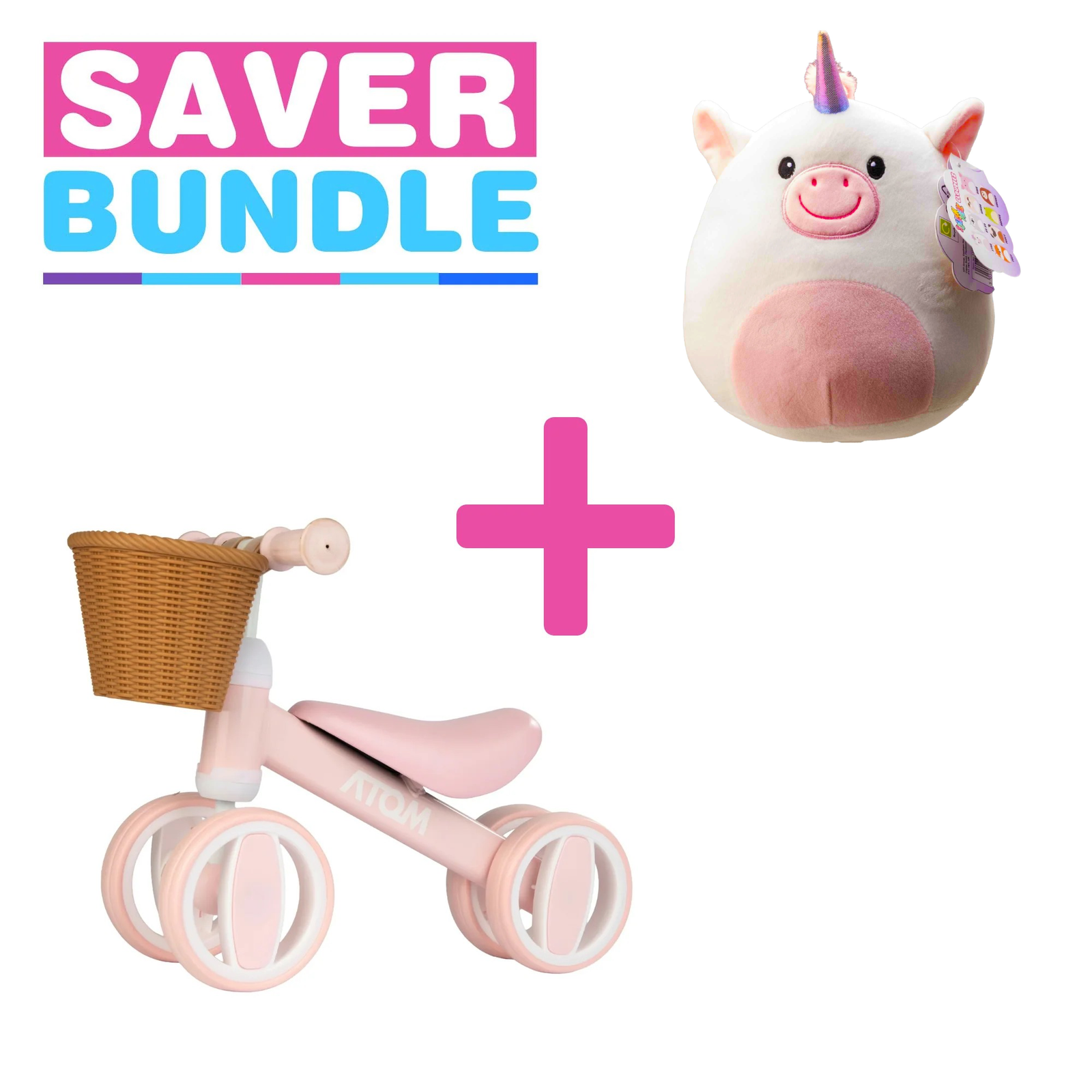 Atom Bobble Bike With Basket | Pink + Squish Meez Cloudeez 9' Plush Toy | Star Bundle