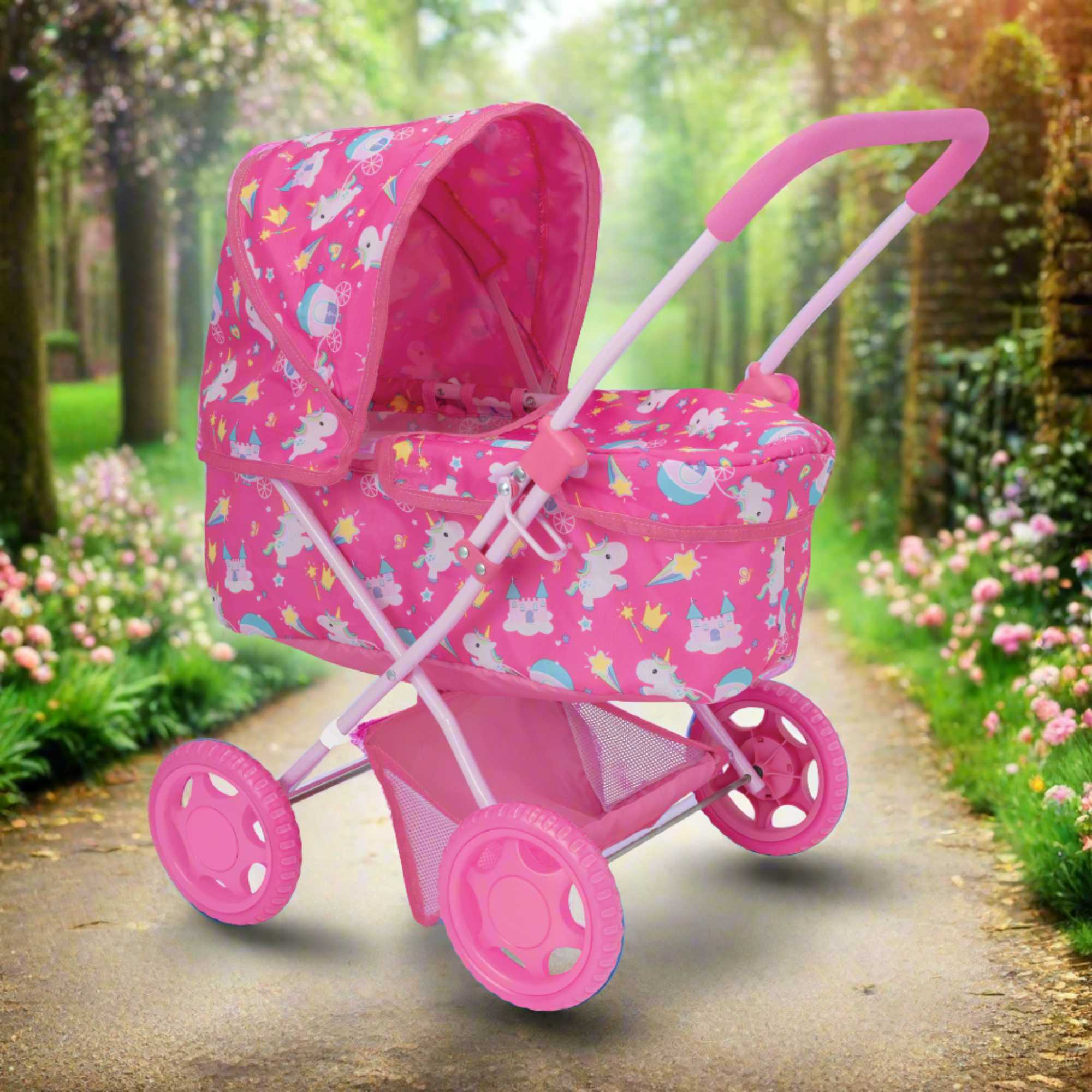 Adorable doll pram featuring a charming unicorn pattern, perfect for young children's imaginative play. Sturdy construction and easy maneuverability make it ideal for indoor and outdoor adventures. Compatible with various dolls and plush toys
