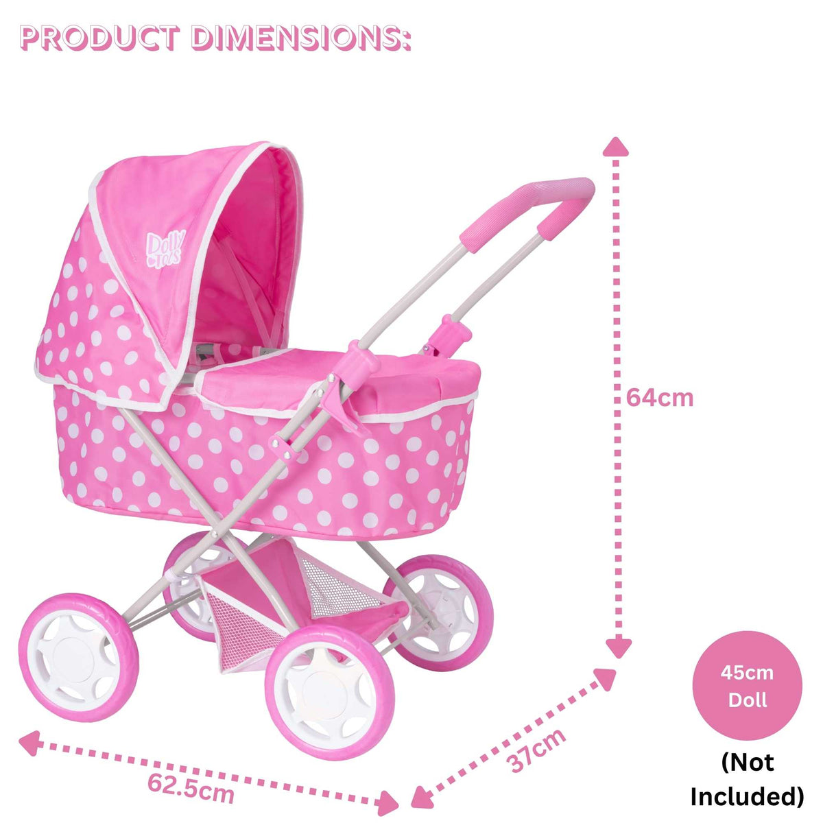 Dolly Tots Baby Dolls Pram - Cute and Sturdy Toy Pram for Baby Dolls, Ideal for Pretend Play