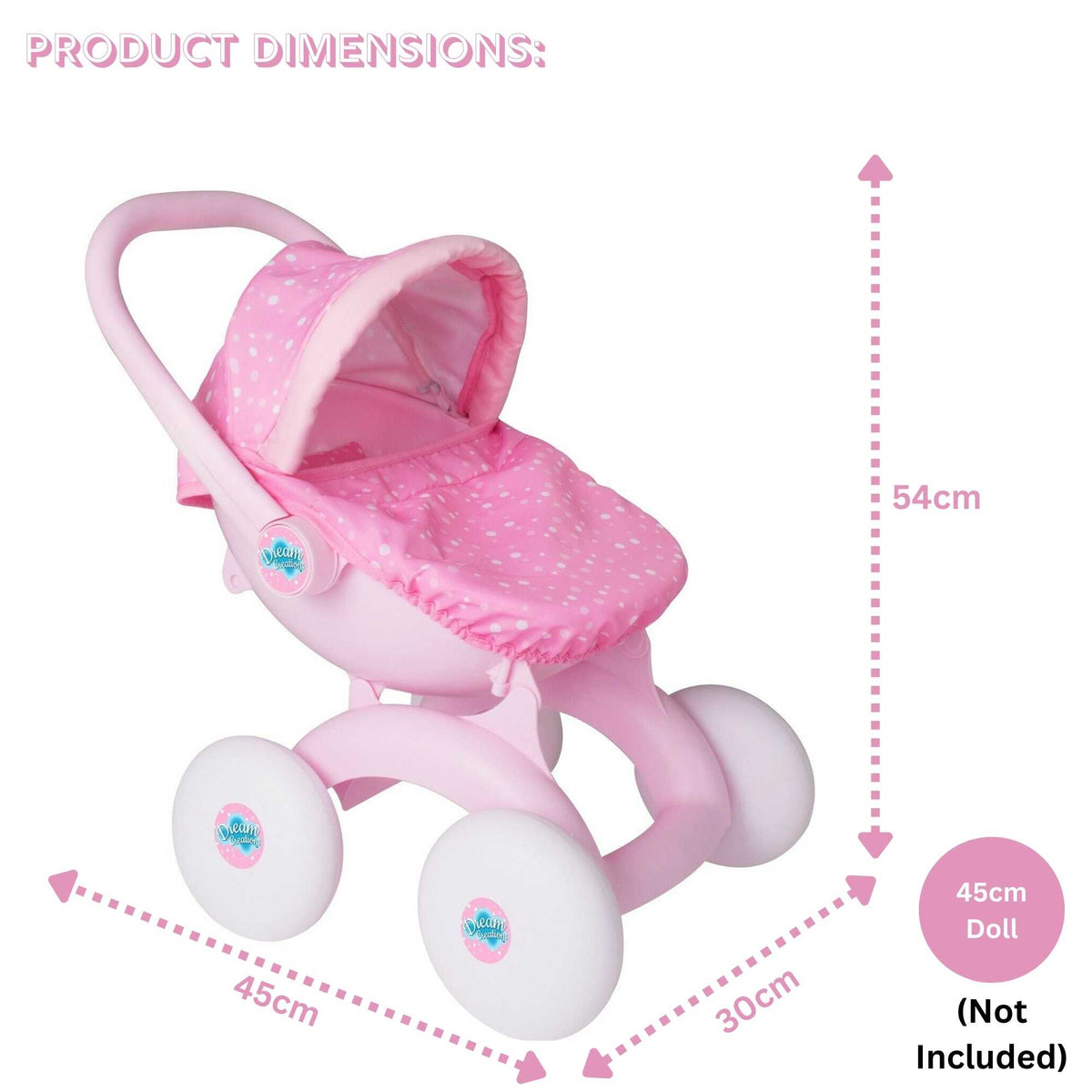 Dream Creations 4 in 1 My First Dolls Pram - Versatile and Stylish Toy Pram, Stroller, Carrycot, and Pushchair for Dolls