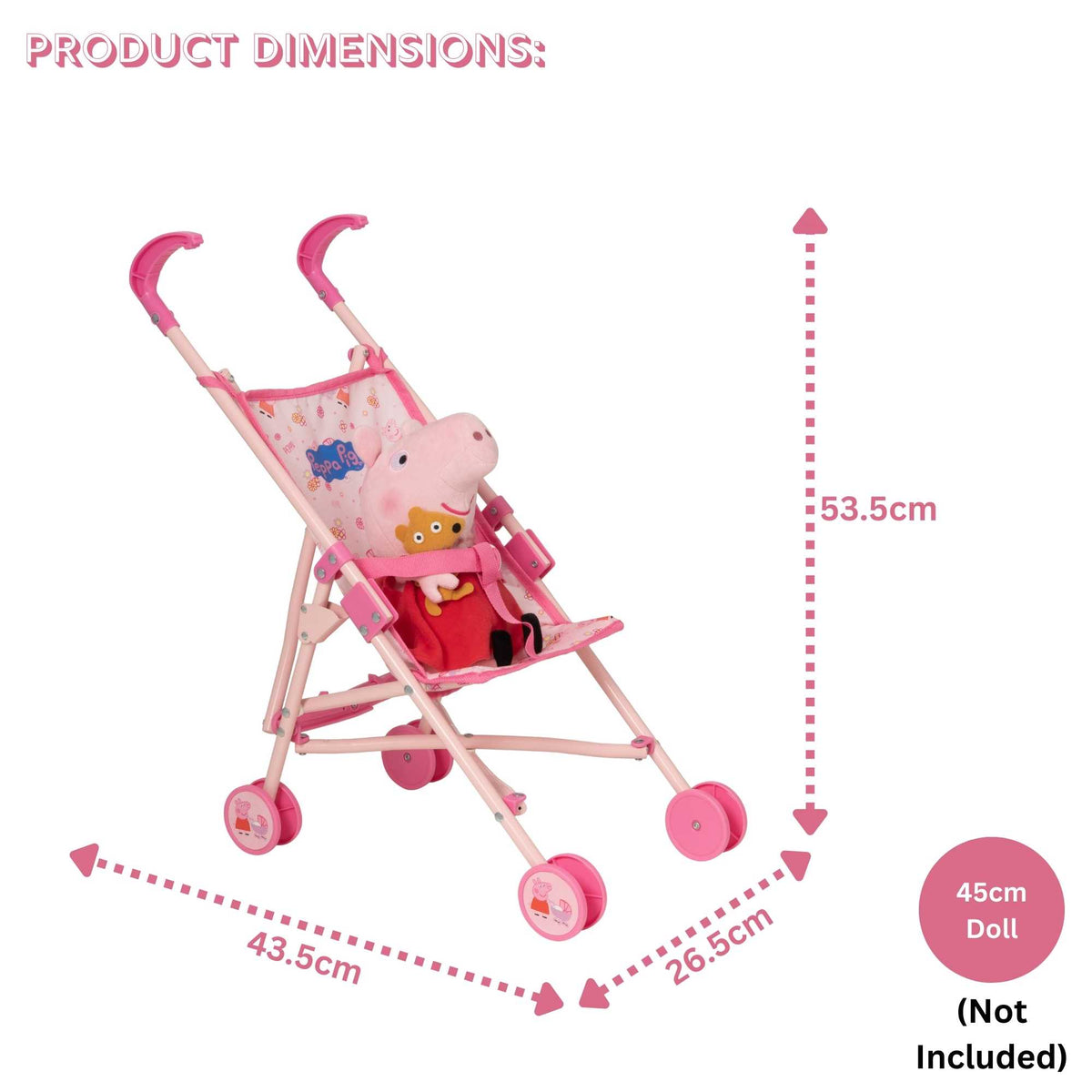 Peppa Pig Single Dolls Stroller, featuring a vibrant design with Peppa Pig-themed accents, ideal for children&#39;s imaginative play with their favourite dolls