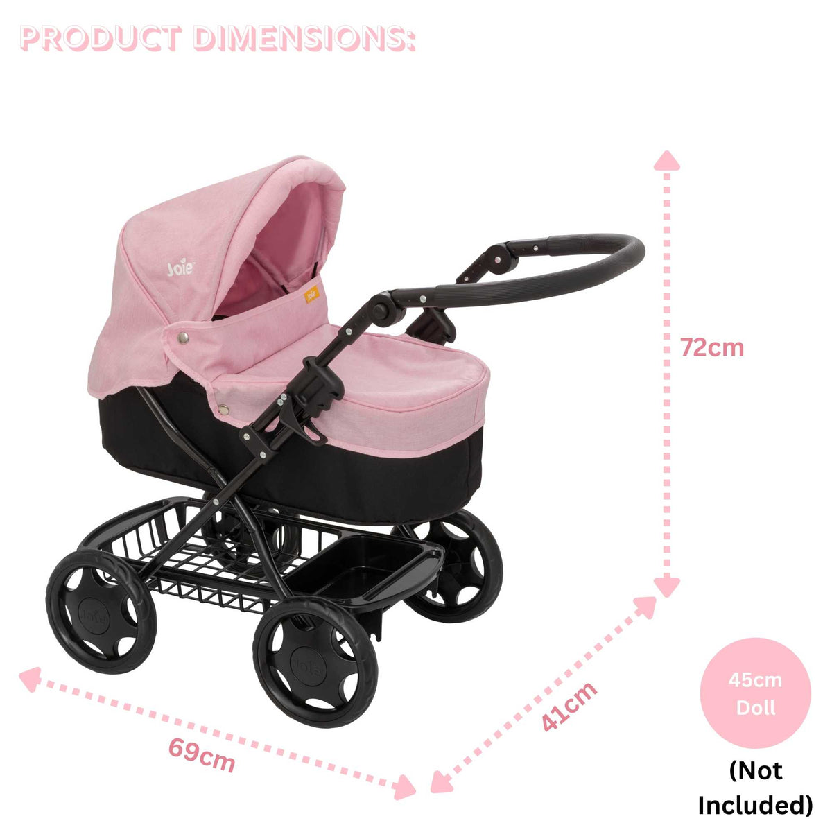 Joie Junior Classic Pram in pink and black, featuring a vintage design, includes a handheld parasol and a matching changing bag, perfect for children to enjoy sophisticated doll play and outings.