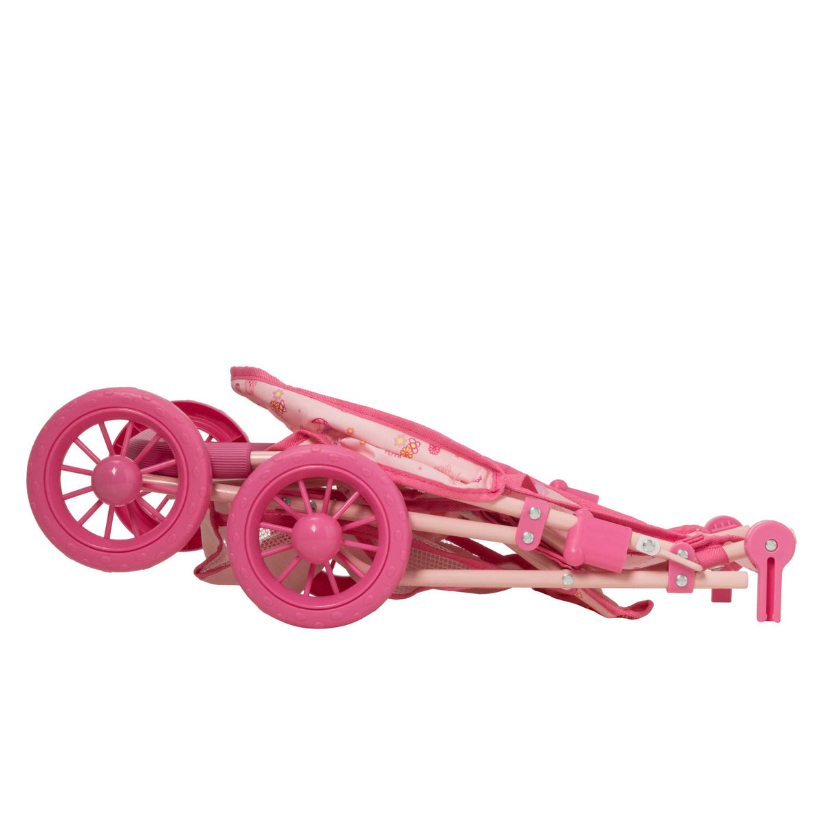 Peppa Pig Tandem Twin Doll Stroller: A pink double stroller with Peppa Pig graphics, designed for carrying two dolls side by side, ideal for toddlers and imaginative play.