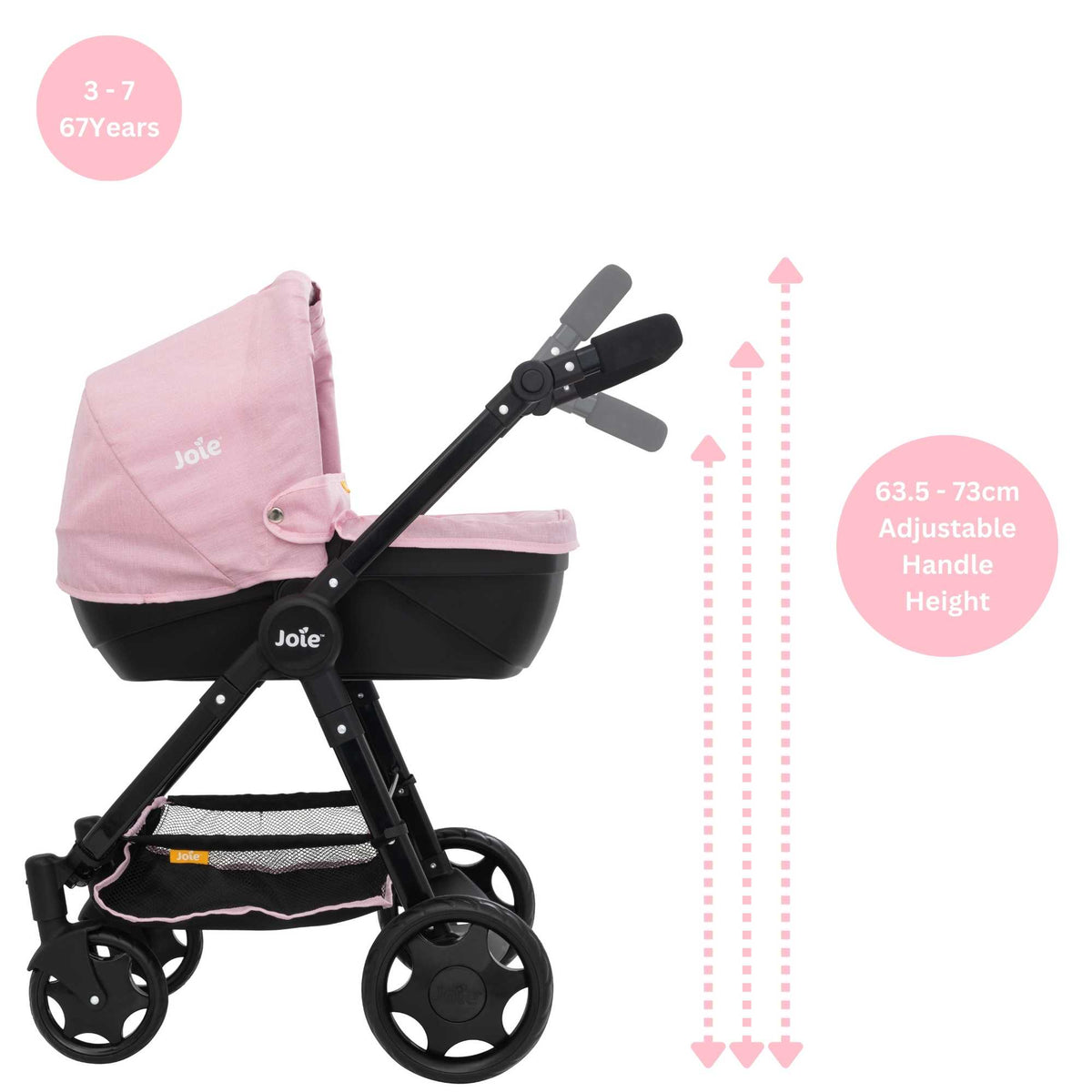 Joie Mytrax Dolls Pram in pink and black, featuring a realistic design with adjustable handle height, swivel wheels, and a large storage basket, ideal for children to take their dolls on walks and play pretend.