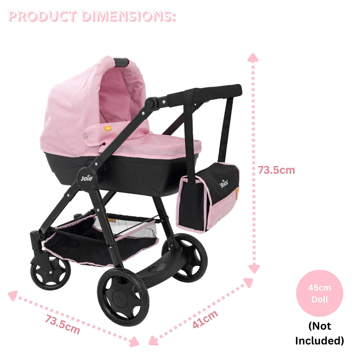 Joie Mytrax Dolls Pram in pink and black, featuring a realistic design with adjustable handle height, swivel wheels, and a large storage basket, ideal for children to take their dolls on walks and play pretend.