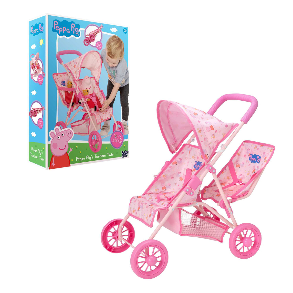 Peppa Pig Tandem Twin Doll Stroller: A pink double stroller with Peppa Pig graphics, designed for carrying two dolls side by side, ideal for toddlers and imaginative play.