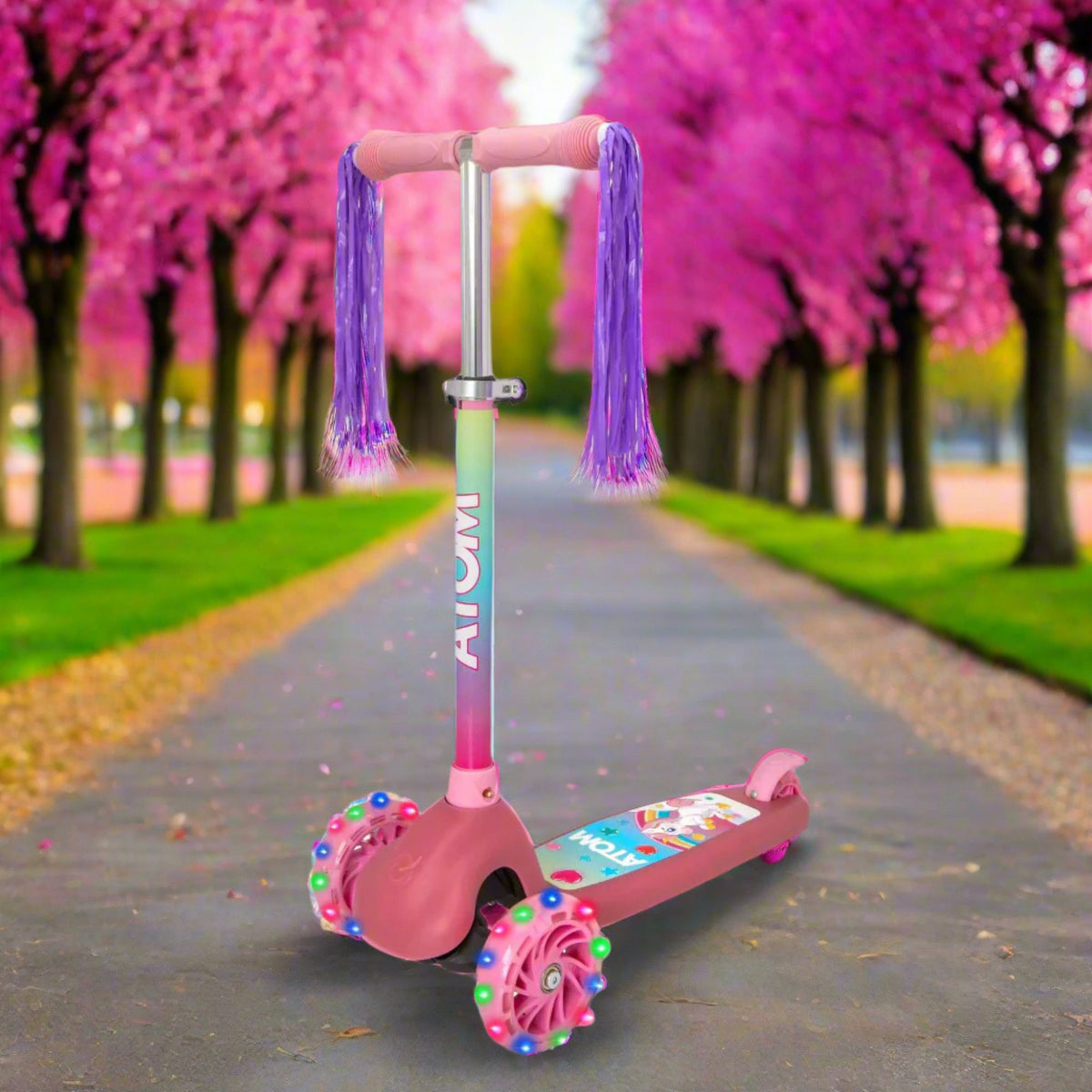 ATOM Eclipse Kids 3 Wheeled Scooter in magical unicorn theme, showcasing a sturdy design, colorful unicorn graphics, and a fun, kid-friendly style perfect for young riders